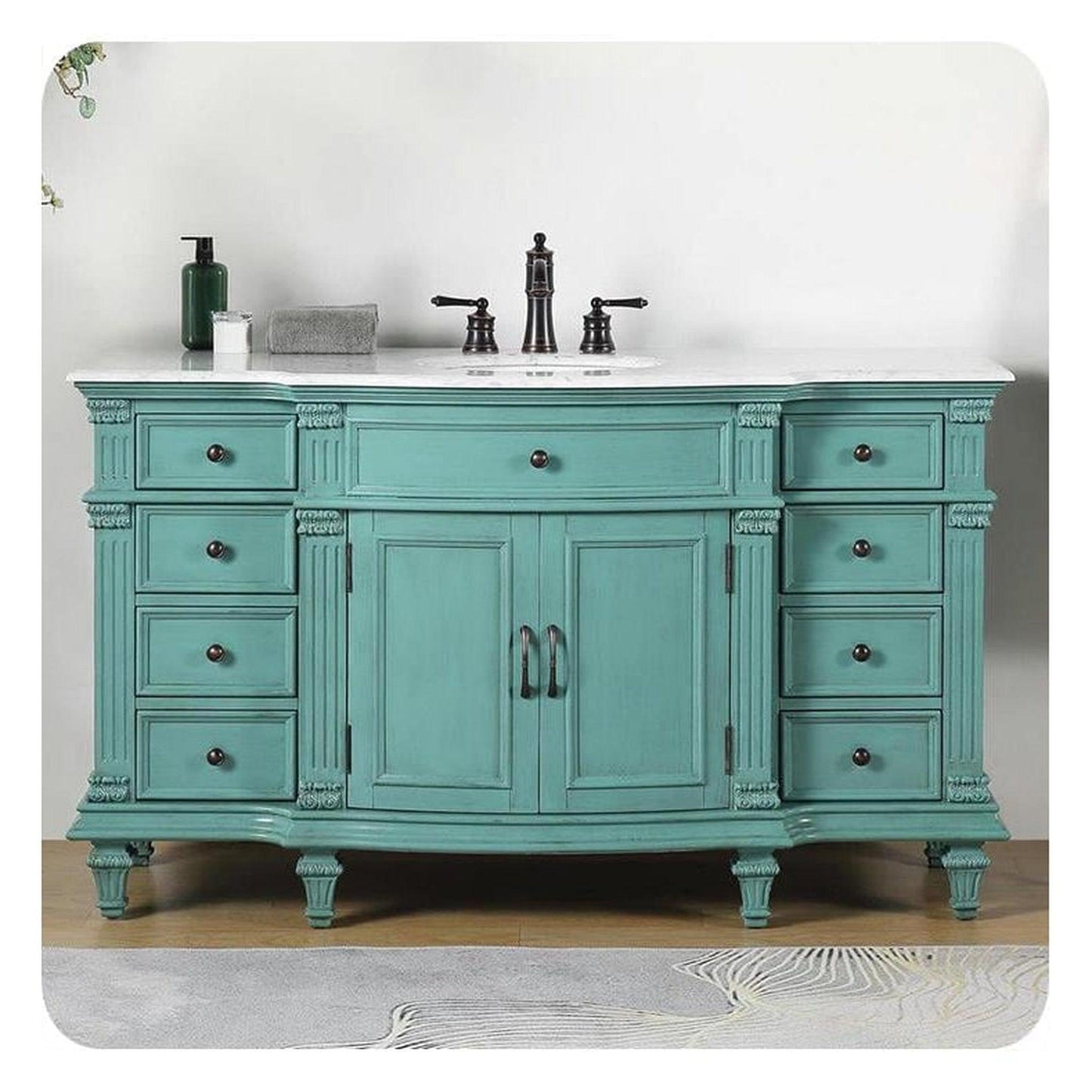 Silkroad Exclusive 60" Single Sink Retro Green Bathroom Vanity With Carrara White Marble Countertop and White Ceramic Undermount Sink