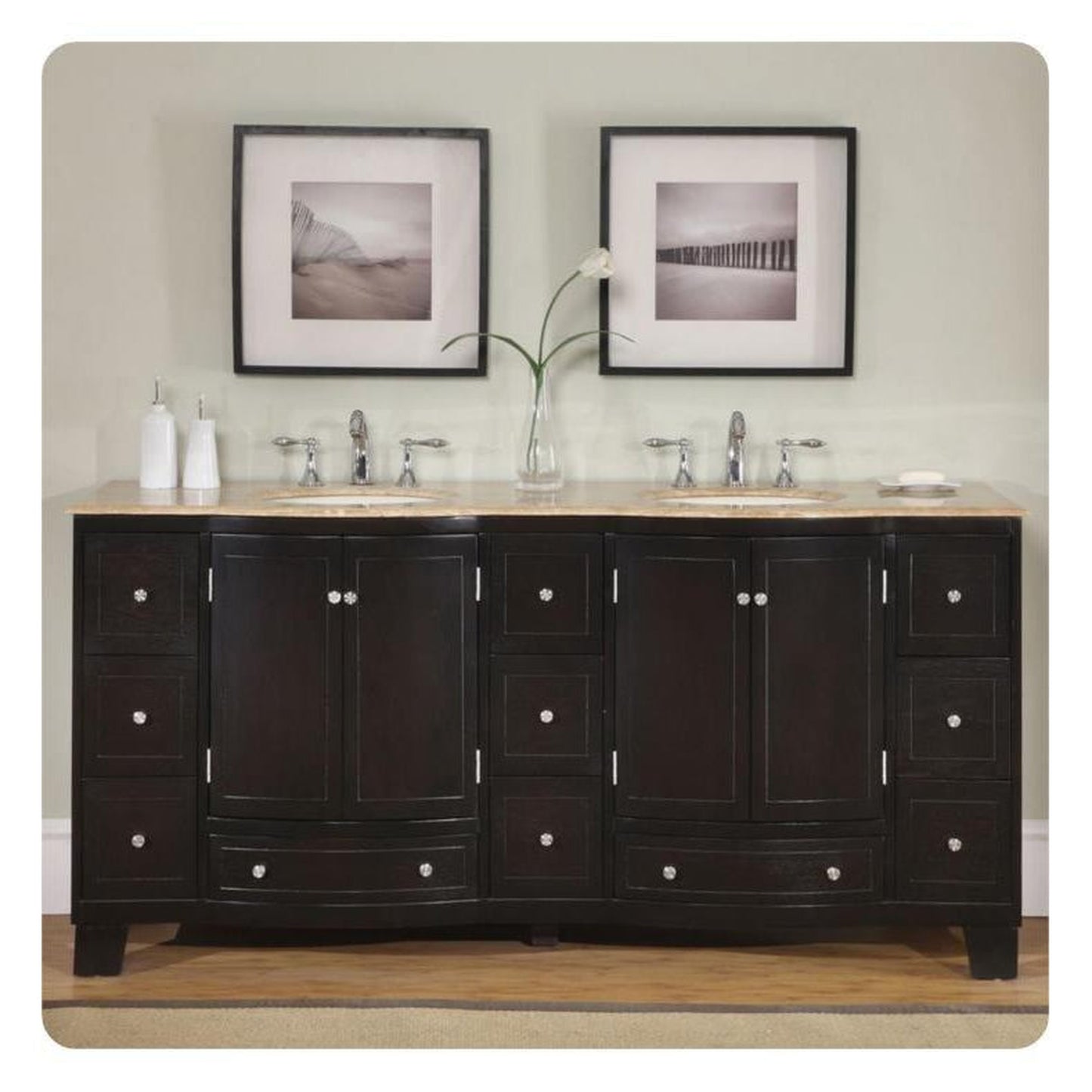 Silkroad Exclusive 72" Double Sink Dark Espresso Bathroom Vanity With Travertine Countertop and Ivory Ceramic Undermount Sink