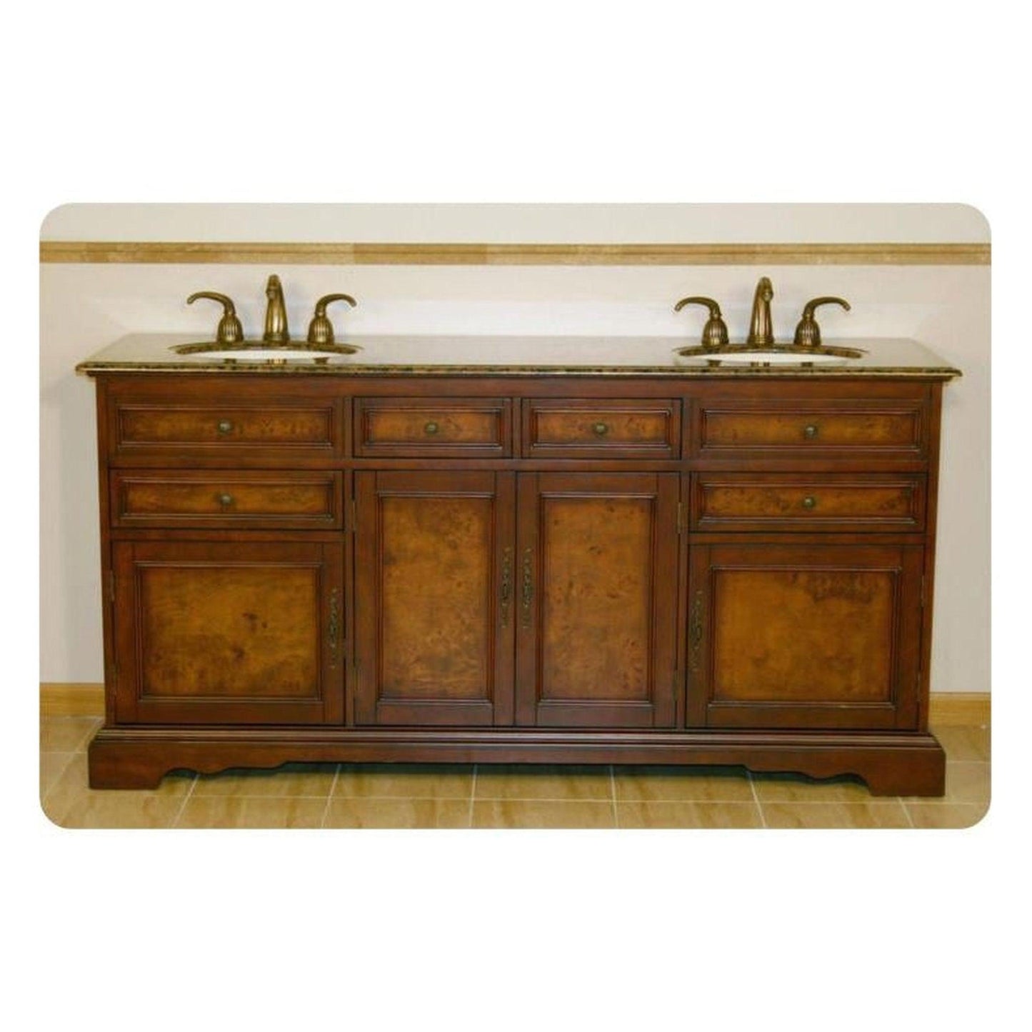 Silkroad Exclusive 72" Double Sink Red Chestnut Bathroom Vanity With Baltic Brown Granite Countertop and Ivory Ceramic Undermount Sink