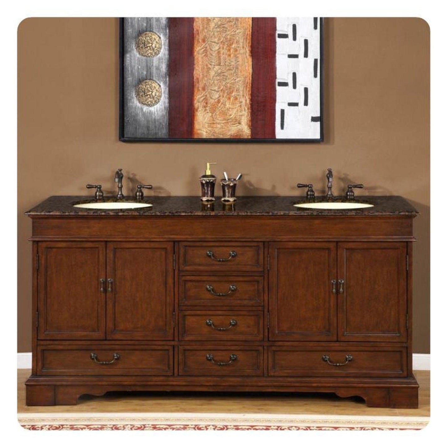 Silkroad Exclusive 72" Double Sink Red Chestnut Bathroom Vanity With Baltic Brown Granite Countertop and Ivory Ceramic Undermount Sink