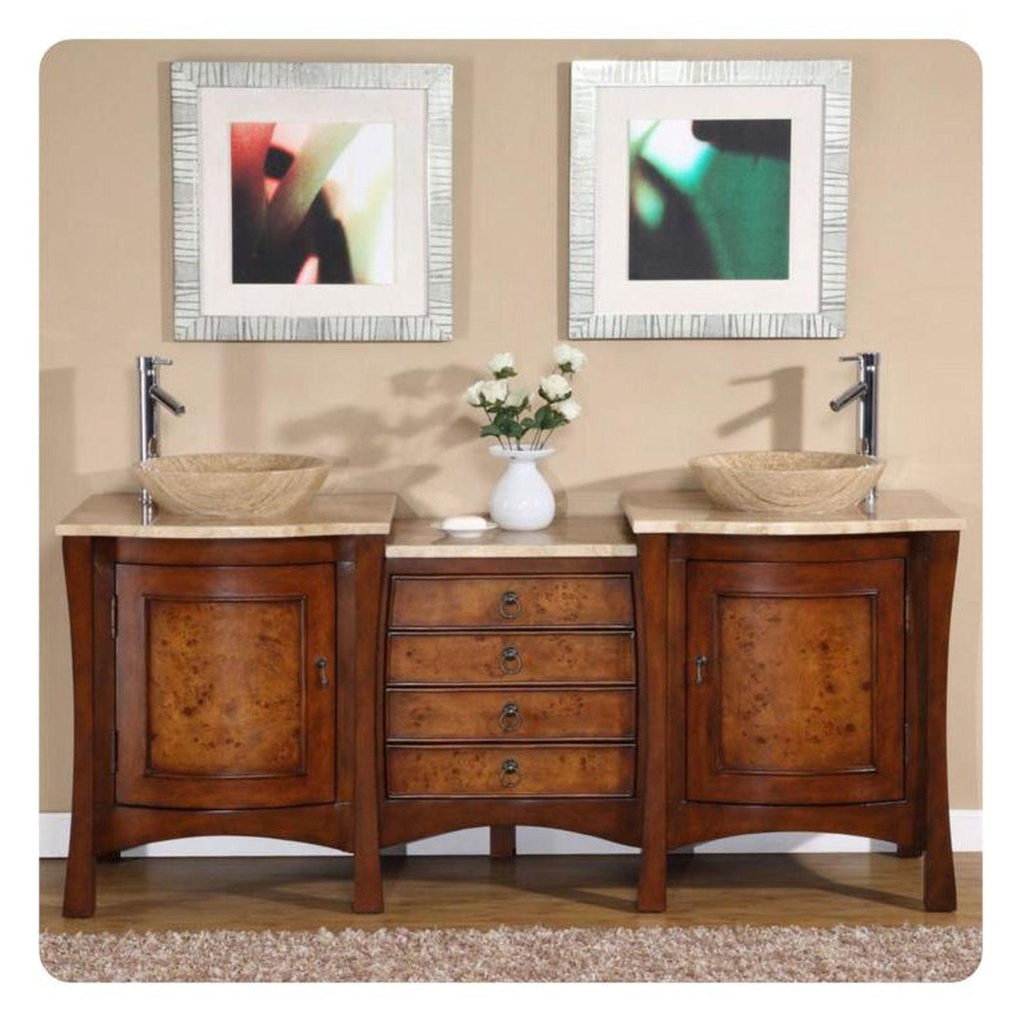 Silkroad Exclusive 72" Double Sink Red Chestnut Bathroom Vanity With Travertine Countertop and Travertine Round Vessel Sink