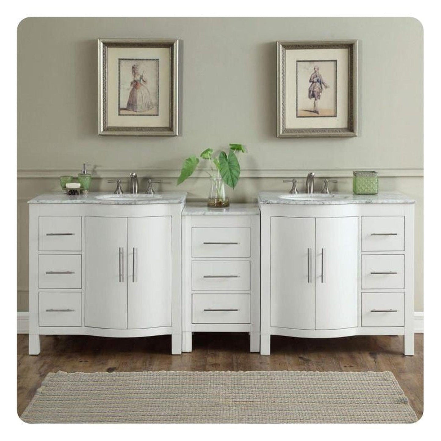 Silkroad Exclusive 89" Double Sink White Bathroom Vanity With Carrara White Marble Countertop and White Ceramic Undermount Sink