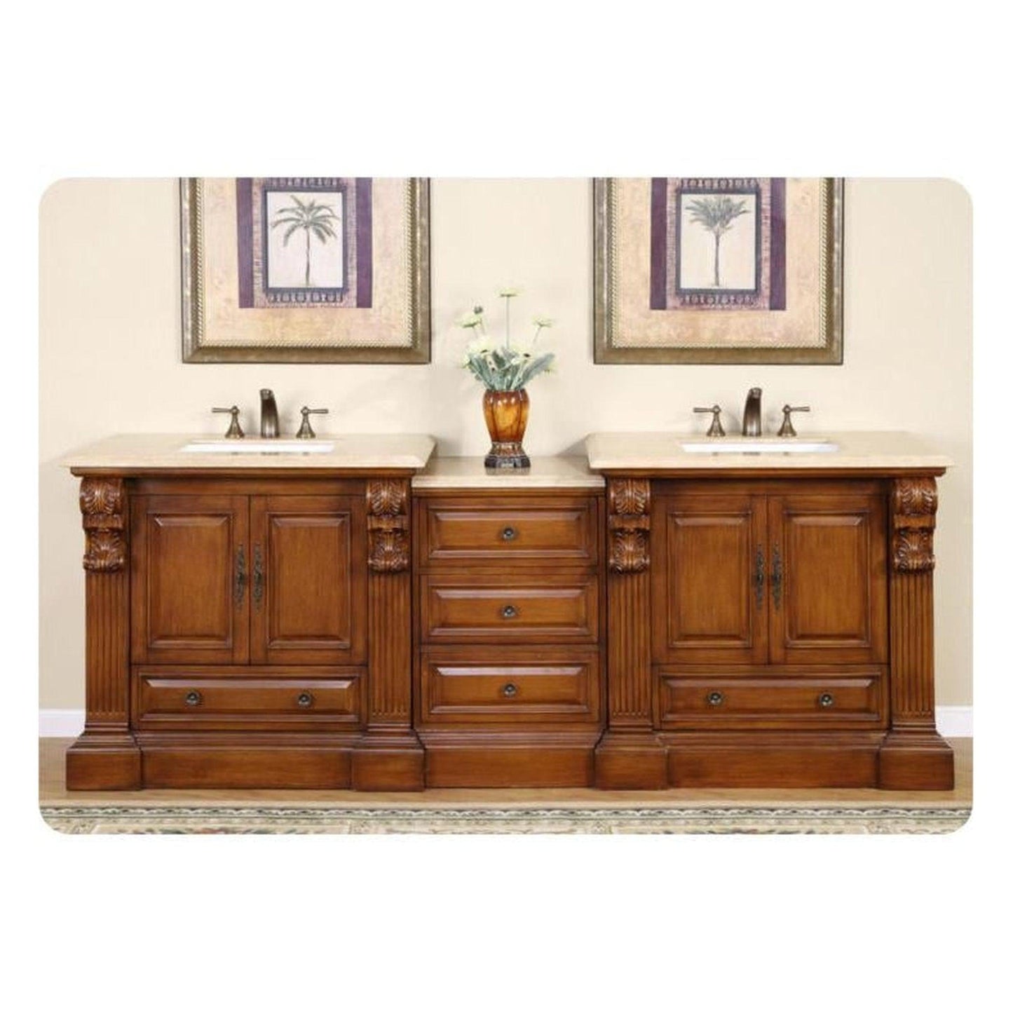 Silkroad Exclusive 95" Double Sink Cherry Modular Bathroom Vanity With Travertine Countertop and White Ceramic Undermount Sink