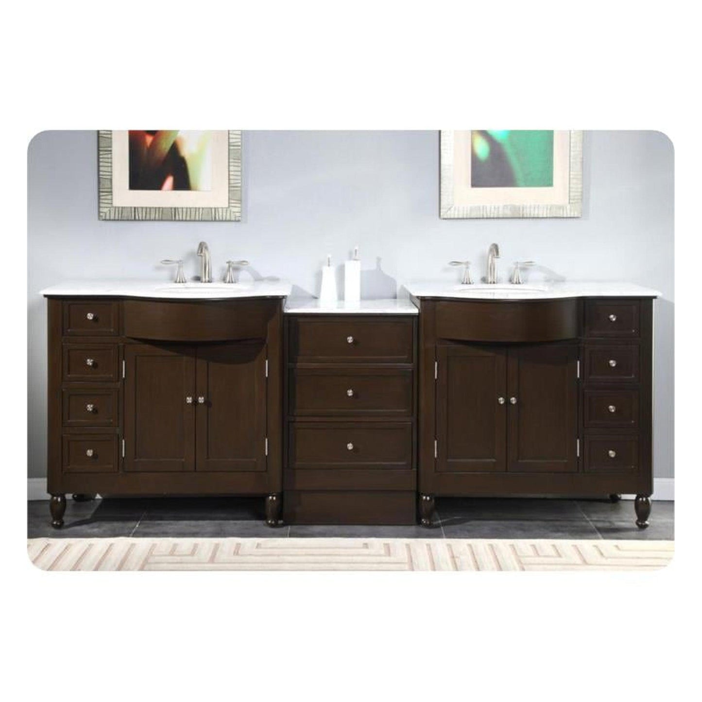 Silkroad Exclusive 95" Double Sink Dark Walnut Bathroom Modular Vanity With Carrara White Marble Countertop and White Ceramic Undermount Sink