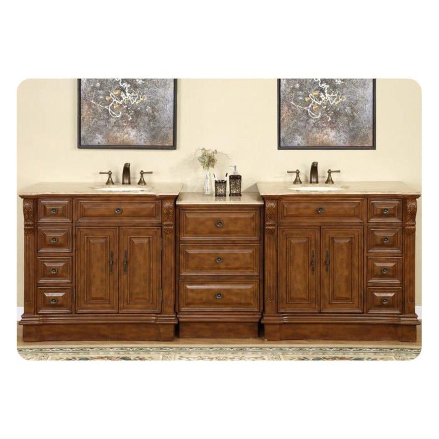 Silkroad Exclusive 95" Double Sink Walnut Modular Bathroom Vanity With Travertine Countertop and Ivory Ceramic Undermount Sink