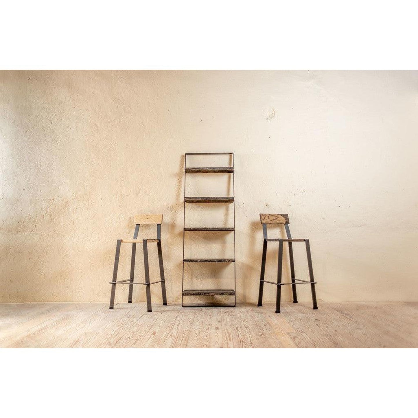 Stone County Ironworks Urban Forge 16" Burnished Gold Narrow Iron Ladder Wall Shelf With Oil Stained Oak Wood Finish