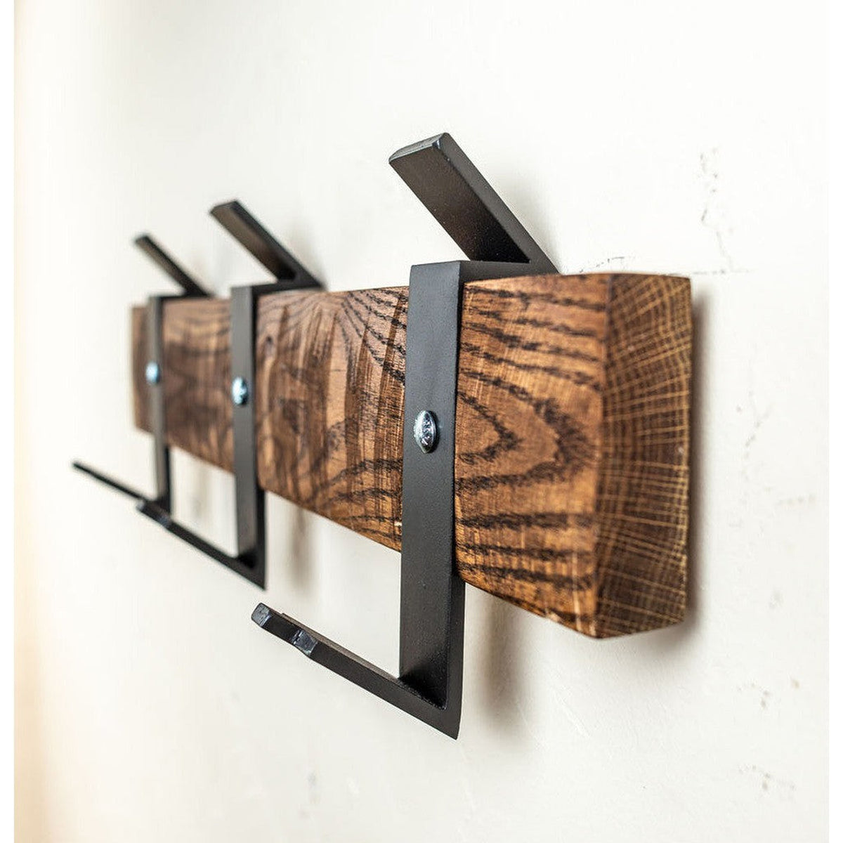 Stone County Ironworks Urban Forge 24" Hand Rubbed Ivory Iron Wall Rack With Gold Iron Accent and English Oak Wood Finish