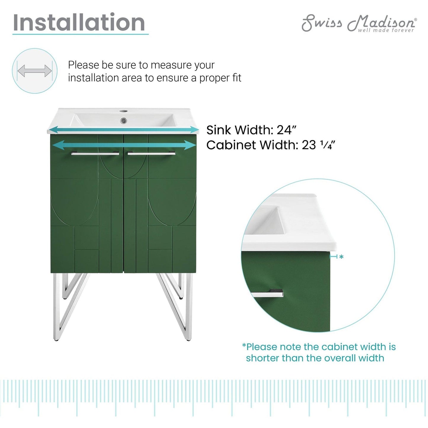 Swiss Madison Annecy 24" x 35" Freestanding Atlas Green Bathroom Vanity With Ceramic Single Sink and Stainless Steel Metal Legs