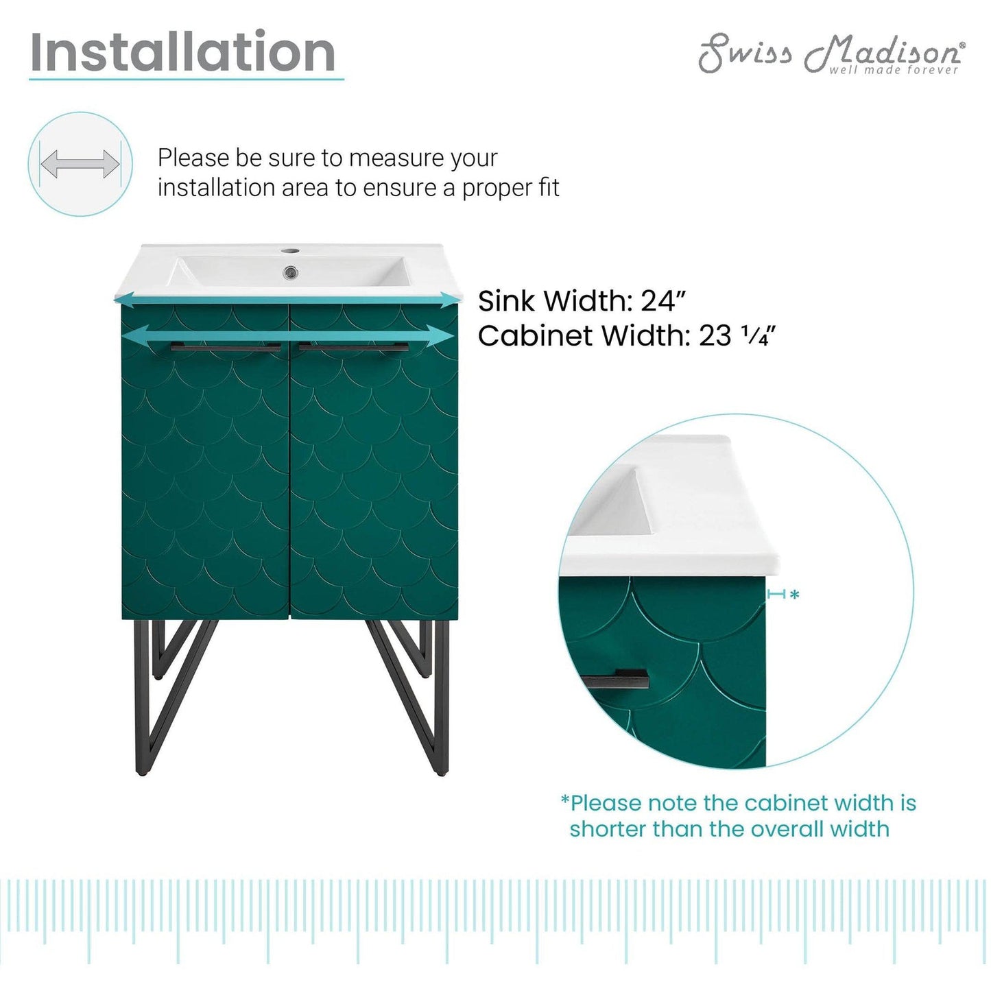 Swiss Madison Annecy 24" x 35" Freestanding Barracuda Teal Bathroom Vanity With Ceramic Single Sink and Stainless Steel Metal Legs