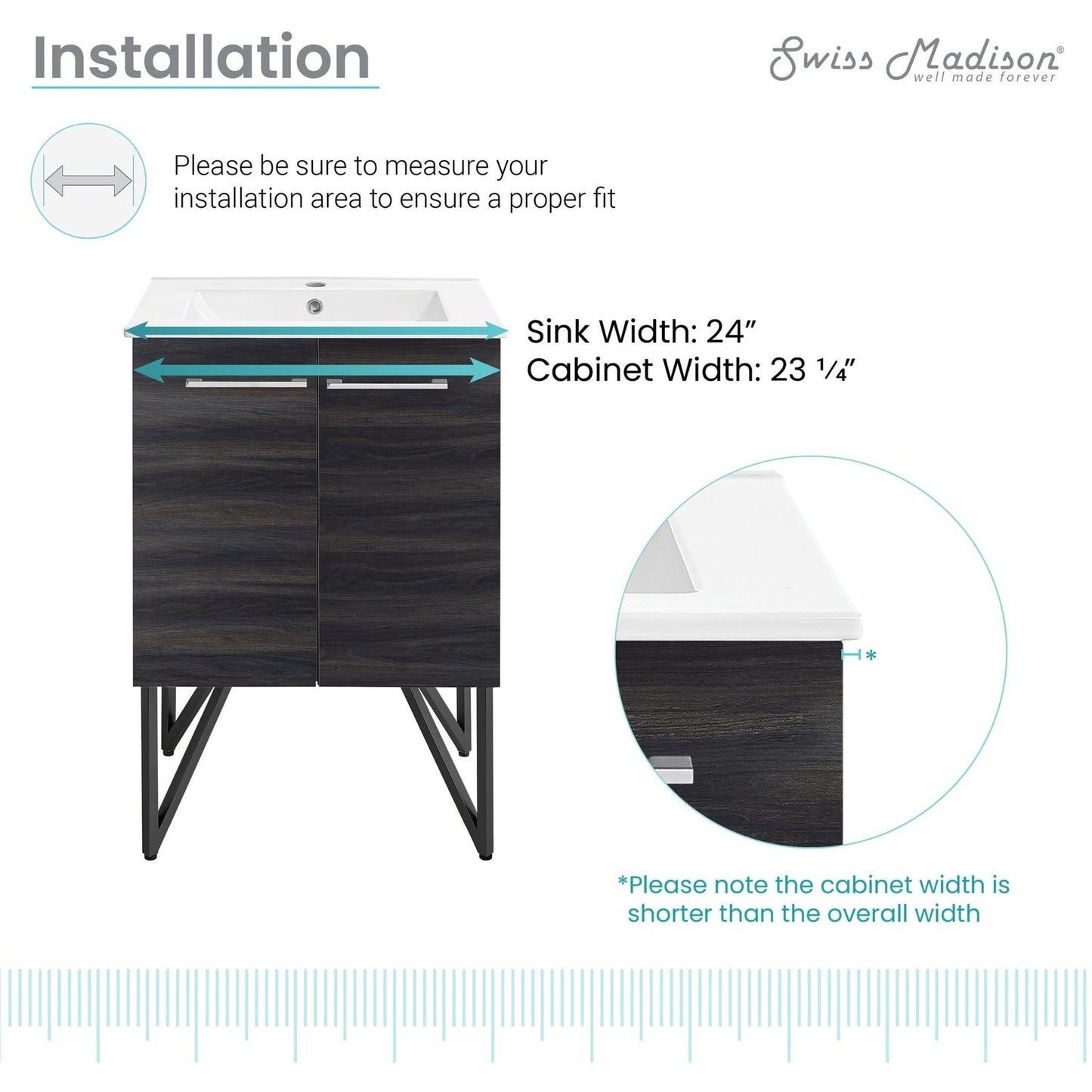 Swiss Madison Annecy 24" x 35" Freestanding Black Walnut Bathroom Vanity With Ceramic Single Sink and Stainless Steel Metal Legs