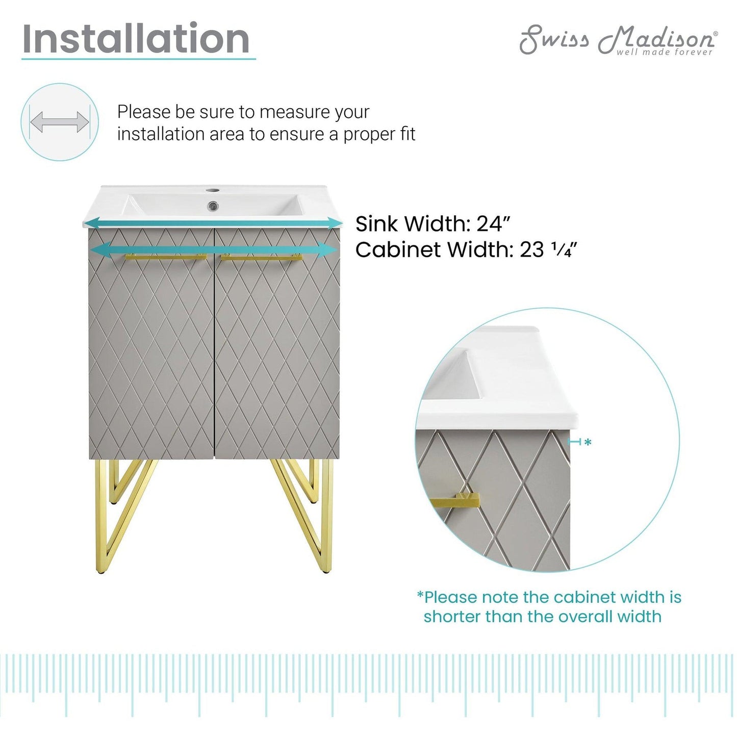 Swiss Madison Annecy 24" x 35" Freestanding Diamond Gray Bathroom Vanity With Ceramic Single Sink and Stainless Steel Metal Legs