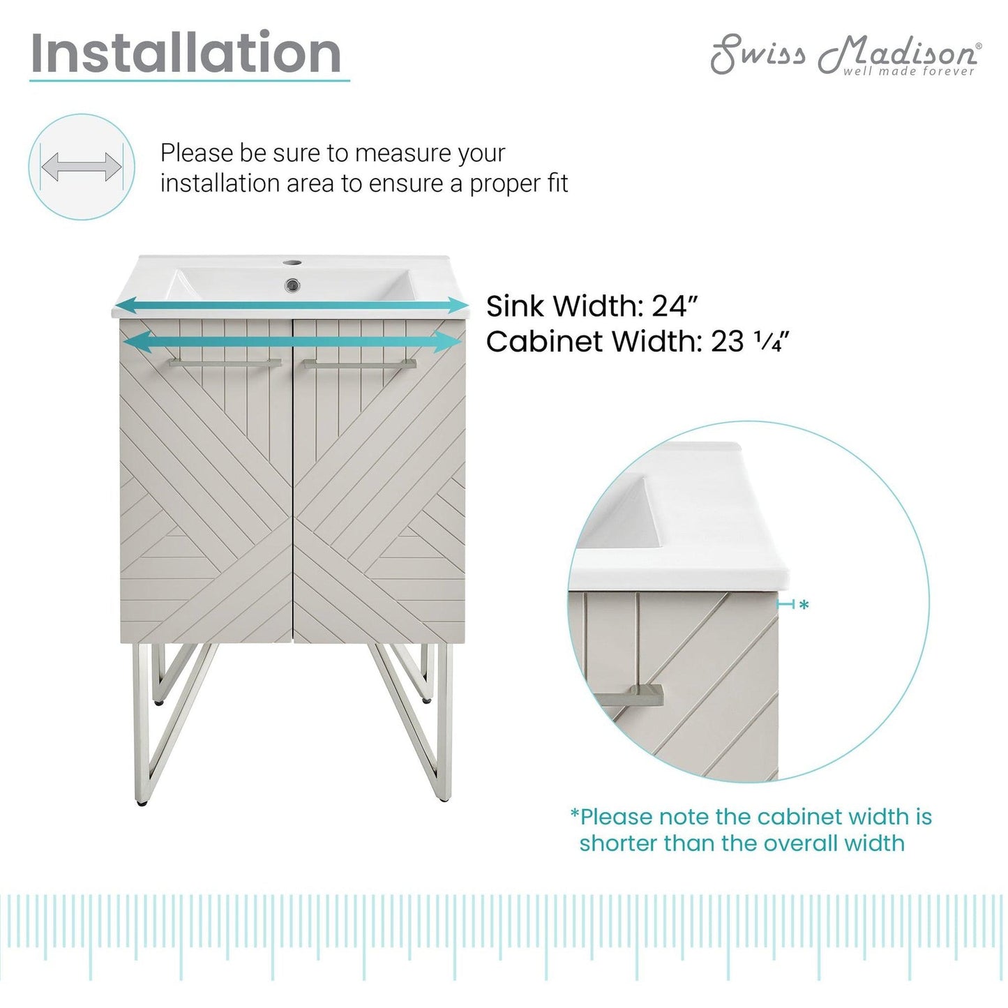 Swiss Madison Annecy 24" x 35" Freestanding Mayhem Greige Bathroom Vanity With Ceramic Single Sink and Stainless Steel Metal Legs