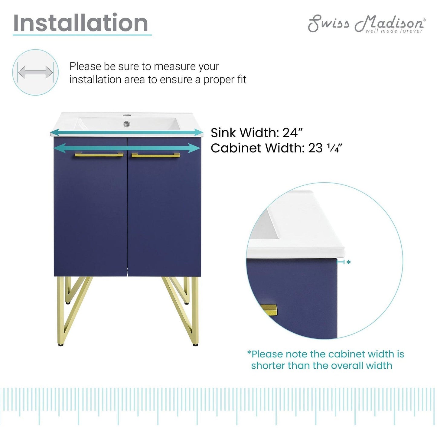 Swiss Madison Annecy 24" x 35" Freestanding Navy Blue Bathroom Vanity With Ceramic Single Sink and Stainless Steel Metal Legs