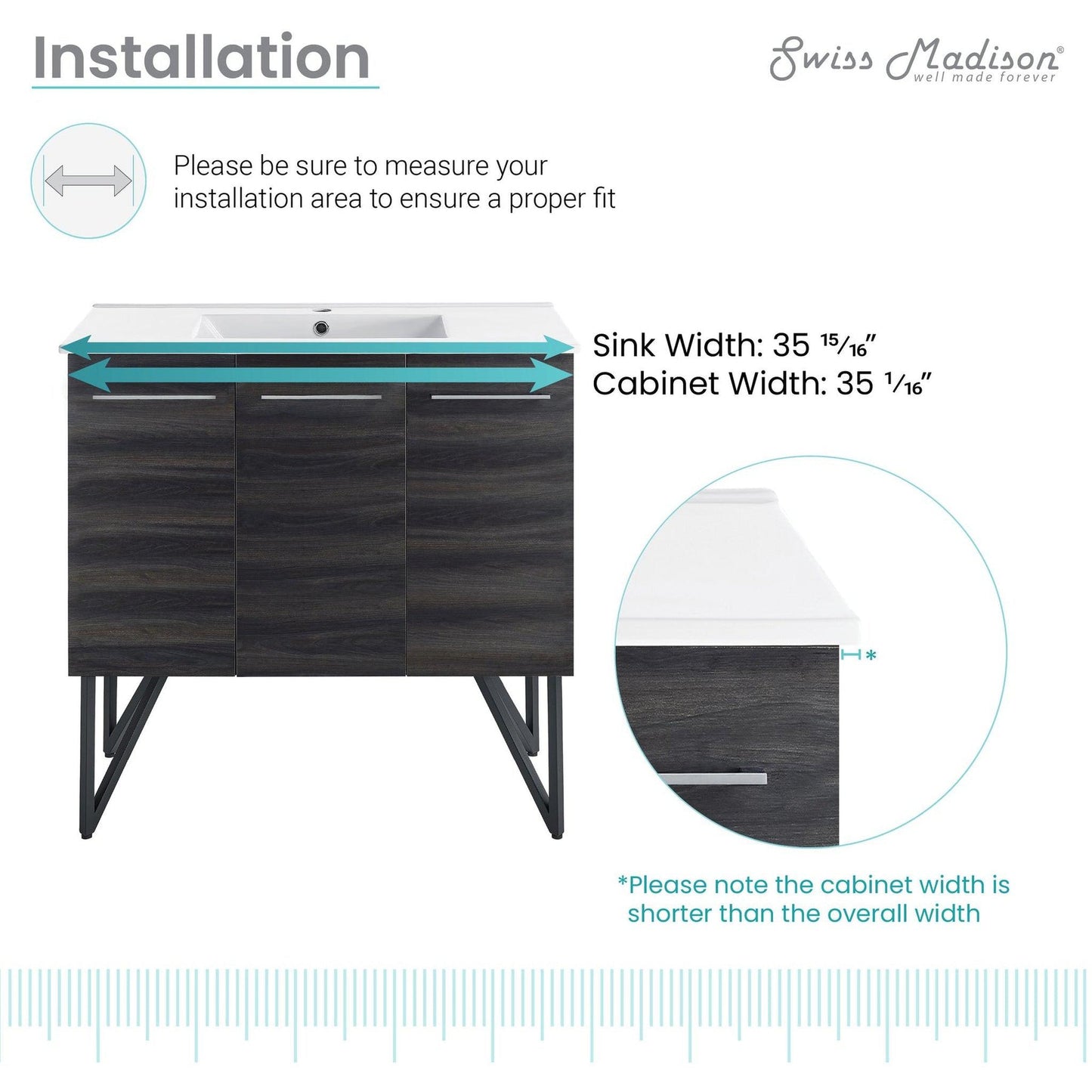 Swiss Madison Annecy 36" x 35" Freestanding Black Walnut Bathroom Vanity With Ceramic Single Sink and Stainless Steel Metal Legs