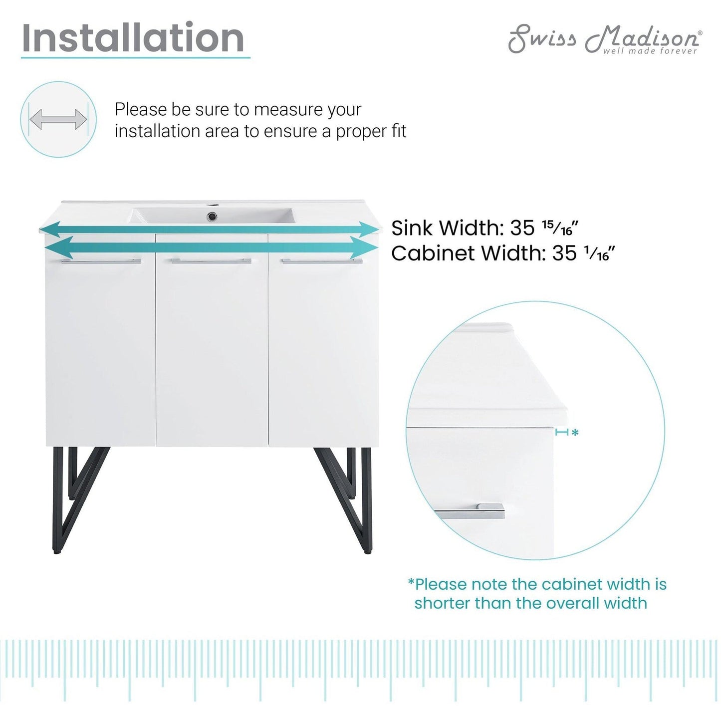 Swiss Madison Annecy 36" x 35" Freestanding White Bathroom Vanity With Ceramic Single Sink and Stainless Steel Metal Legs