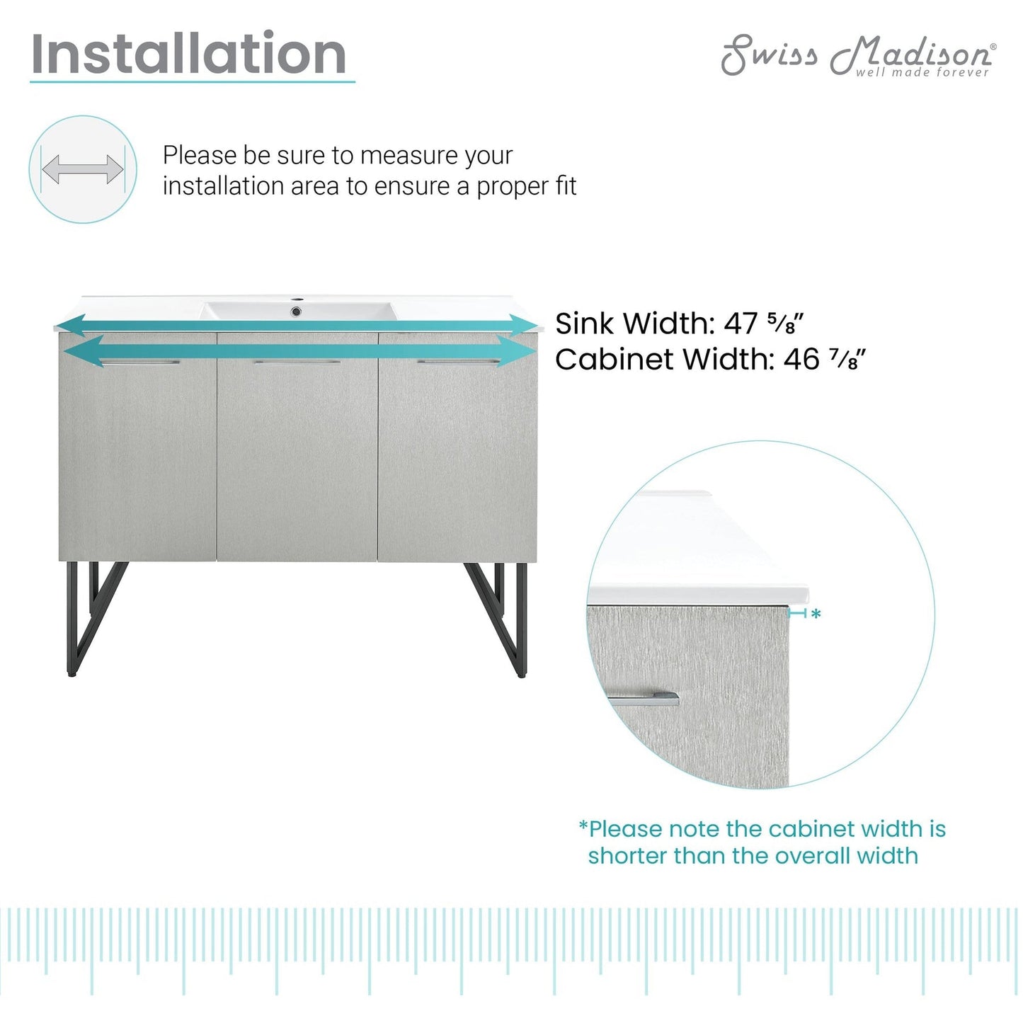 Swiss Madison Annecy 48" x 35" Freestanding Brushed Gray Bathroom Vanity With Ceramic Single Sink and Stainless Steel Metal Legs