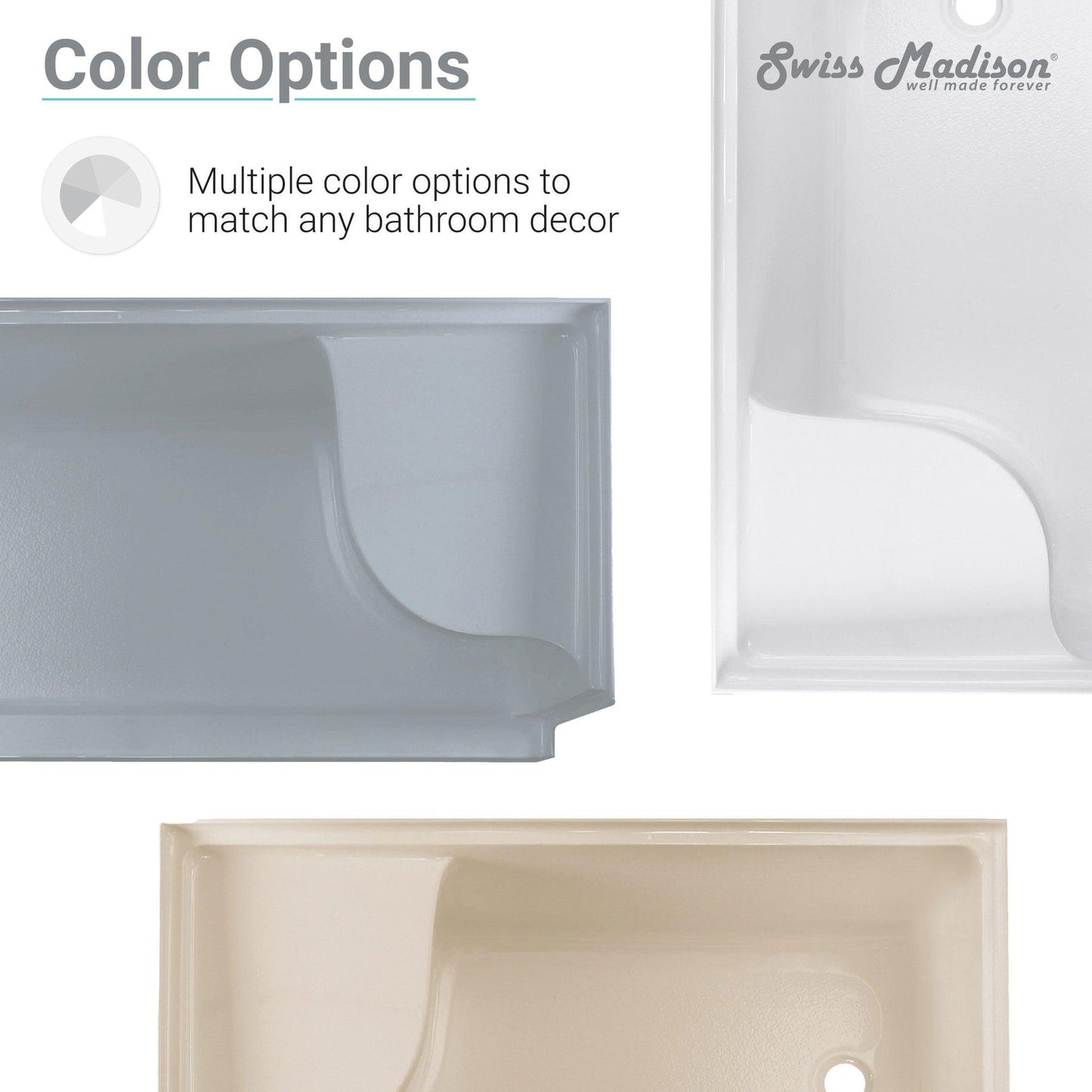 Swiss Madison Aquatique 60" x 32" Three-Wall Alcove Biscuit Left-Hand Drain Seated Shower Base With Built-In Integral Flange and Integrated Seat