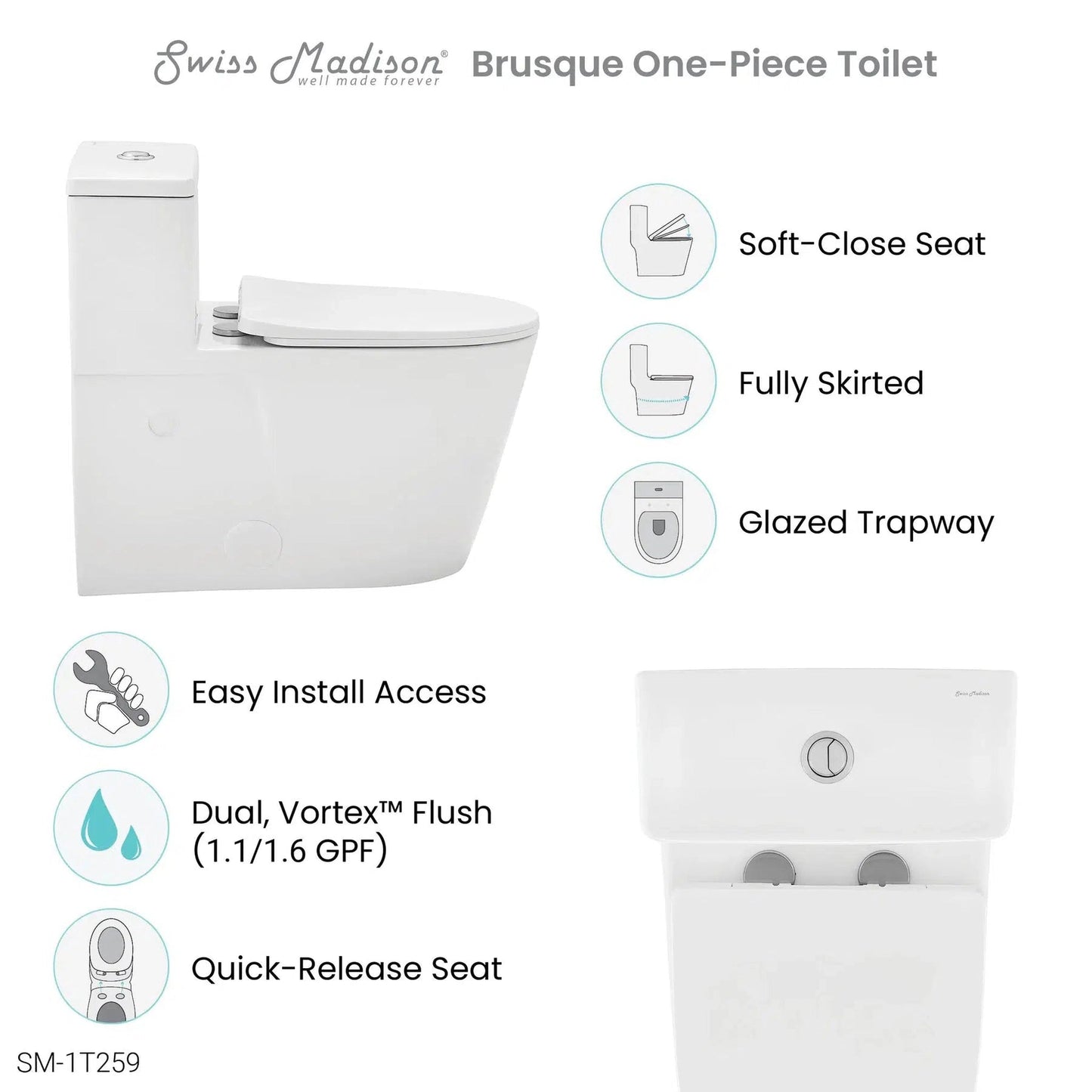 Swiss Madison Arles 16" x 26" One-Piece White Elongated Floor-Mounted Toilet With 1.1/1.6 GPF