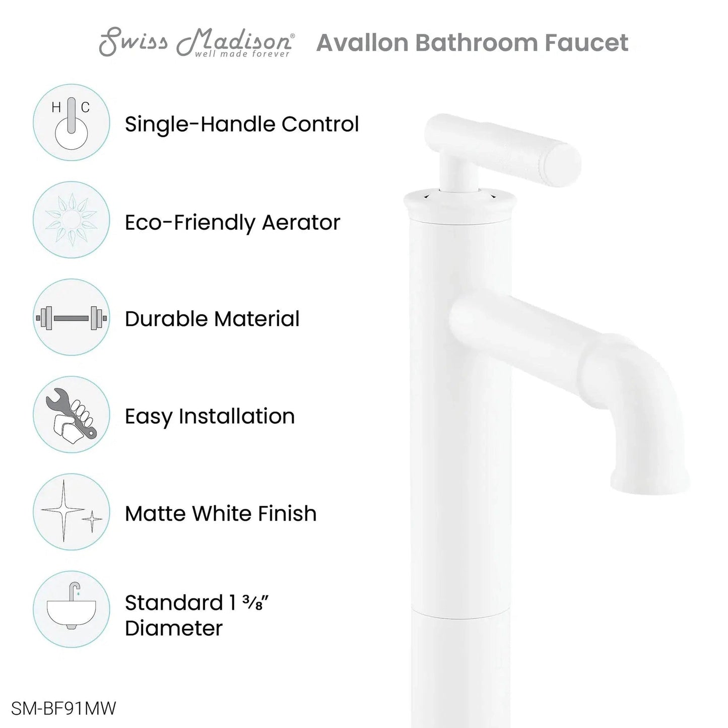 Swiss Madison Avallon 11" Single-Handle Matte White Bathroom Faucet With 1.2 GPM Flow Rate