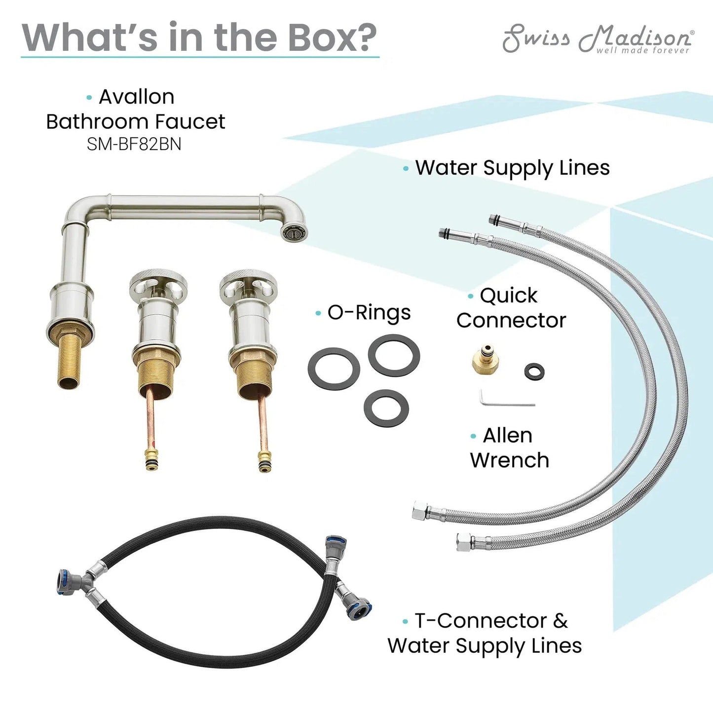 Swiss Madison Avallon 8" Widespread Brushed Nickel Bathroom Faucet With Wheel Handle and 1.2 GPM Flow Rate