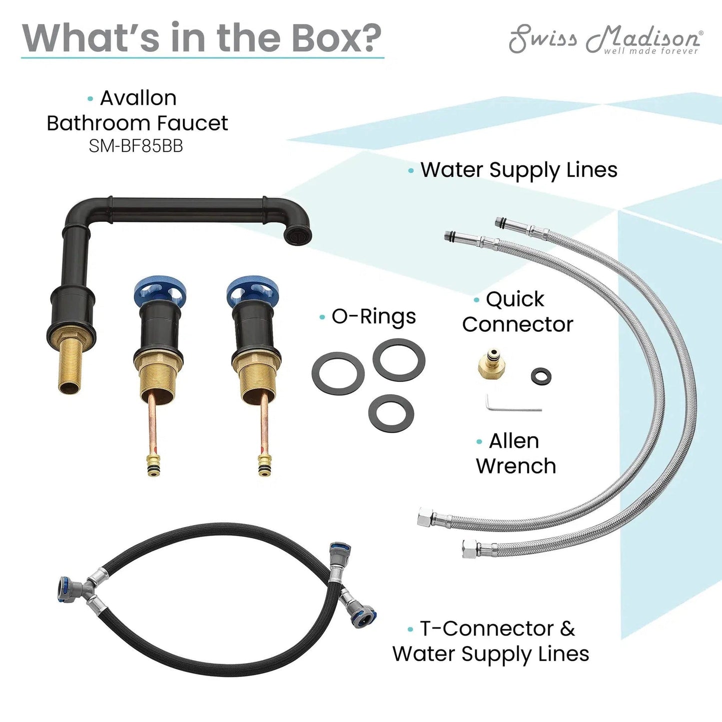 Swiss Madison Avallon 8" Widespread Matte Black Bathroom Faucet With Blue Wheel Handle and 1.2 GPM Flow Rate