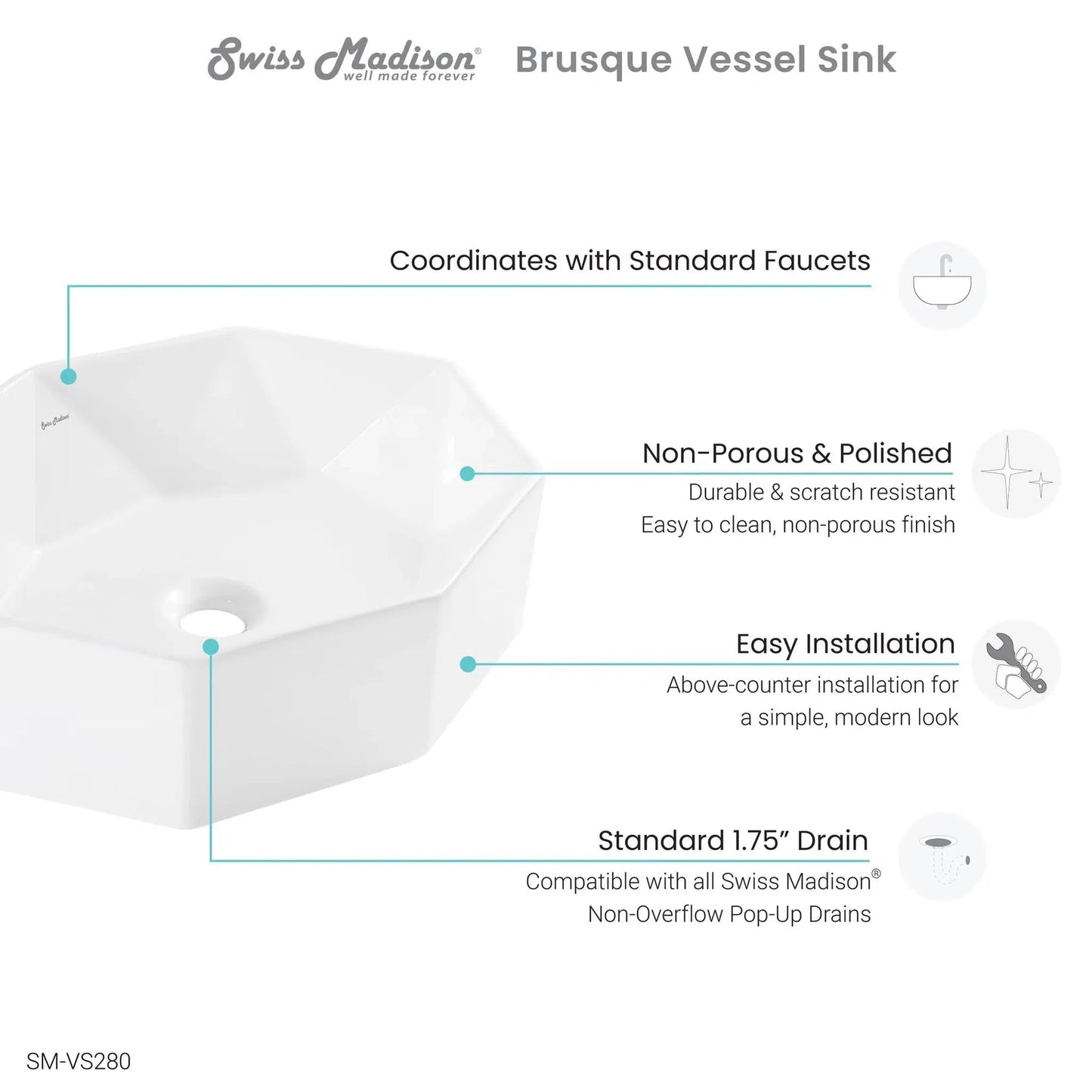 Swiss Madison Brusque 19" x 16" White Octagon Ceramic Vessel Bathroom Sink