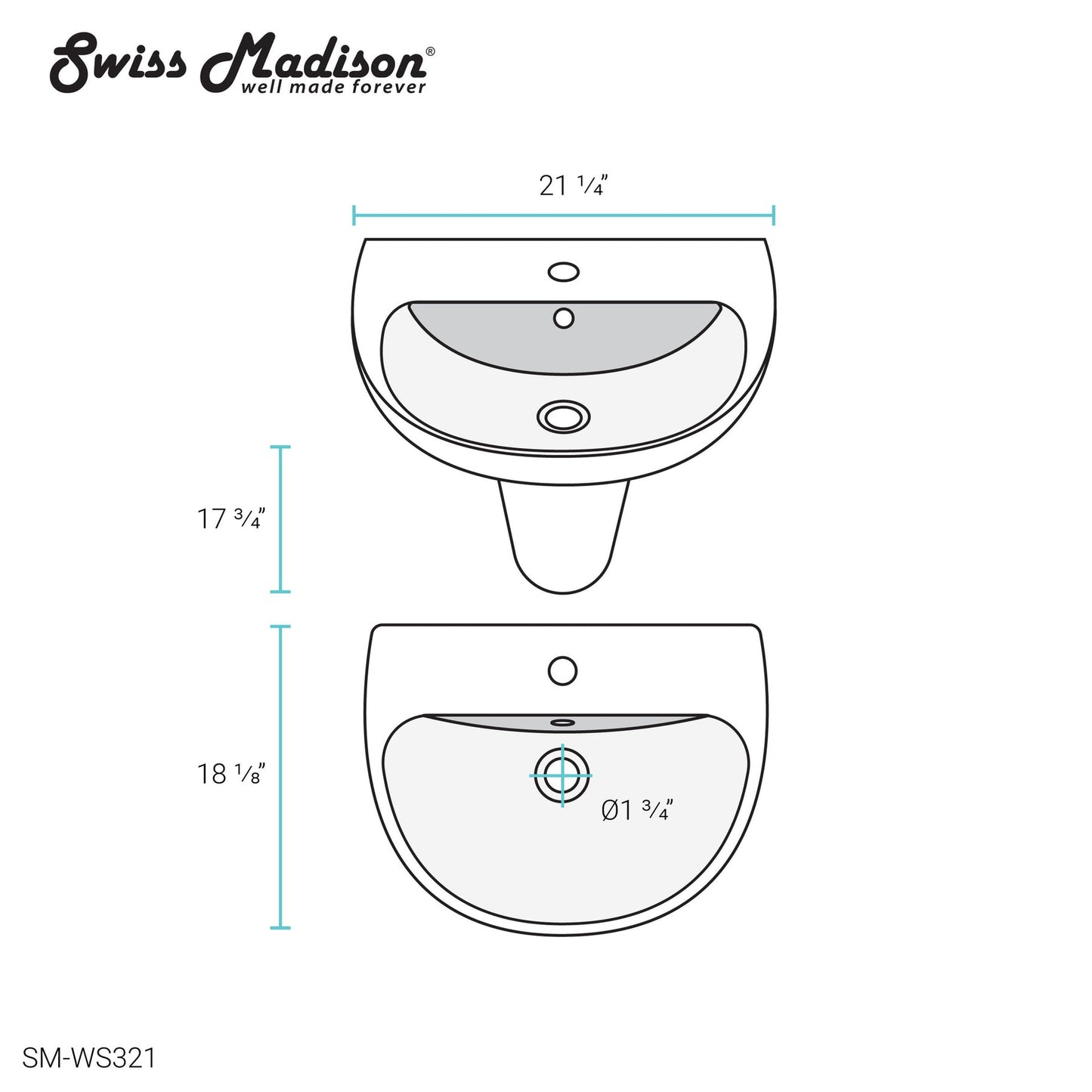 Swiss Madison Caché 21" x 18" White Ceramic Wall-Hung Half Pedestal Bathroom Sink With Predrilled Faucet Holes and Overflow