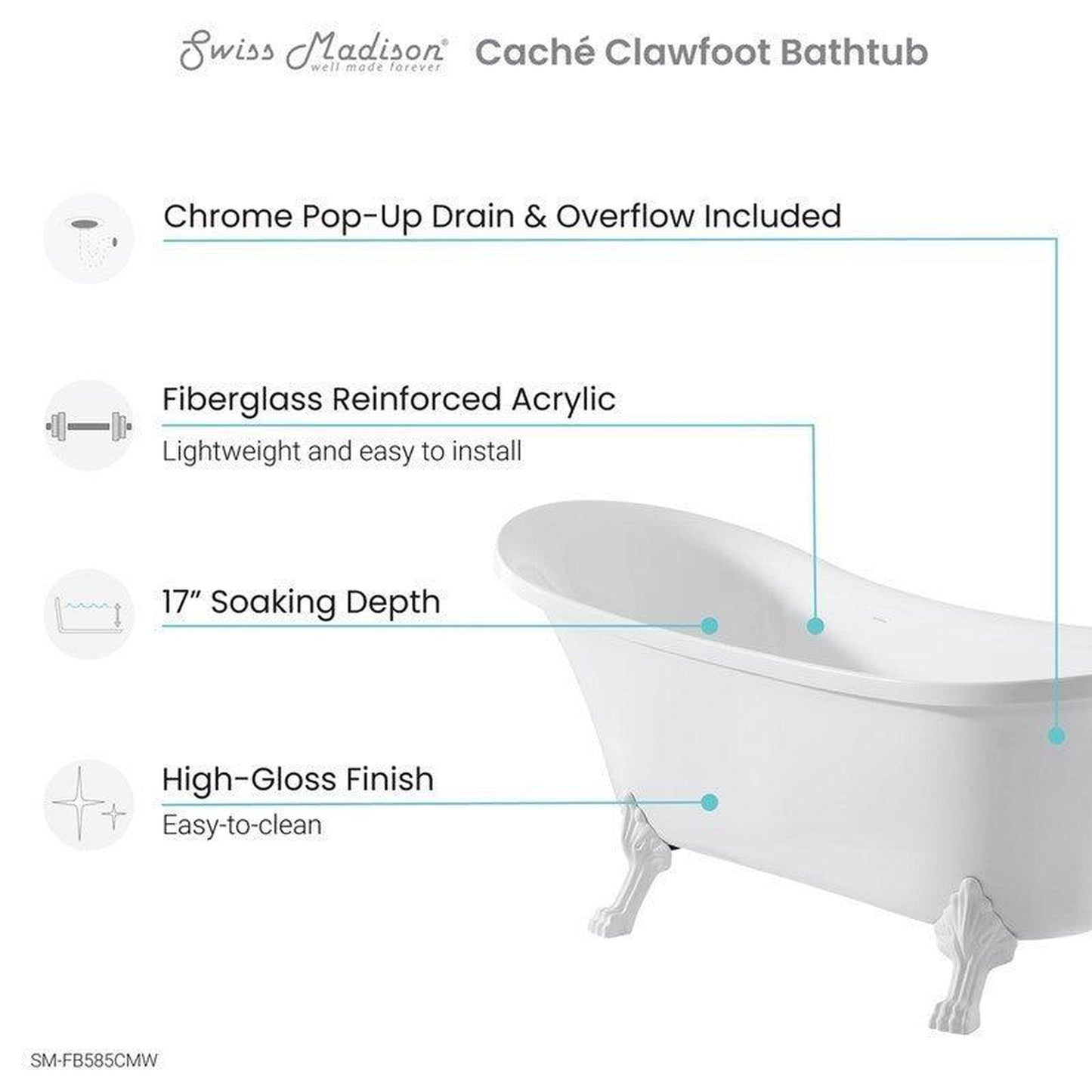 Swiss Madison Caché 63" x 29" White Right-Hand Drain Freestanding Bathtub With Adjustable Matte White Clawfoot Feet, Overflow Kit and Pop-Up Drain