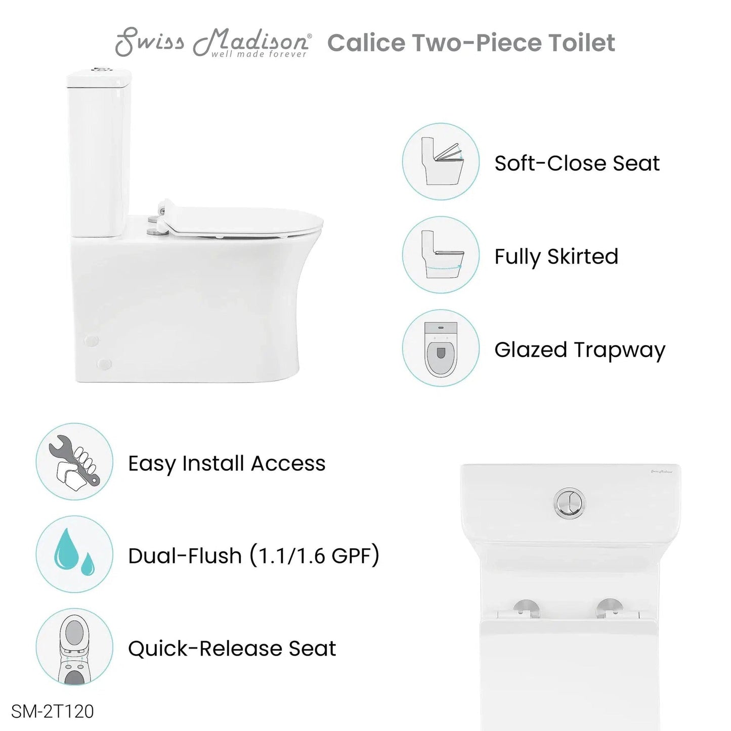 Swiss Madison Calice 15" x 33" Two-Piece Glossy White Elongated Floor-Mounted Toilet With Rear Outlet and 0.8/1.28 GPF