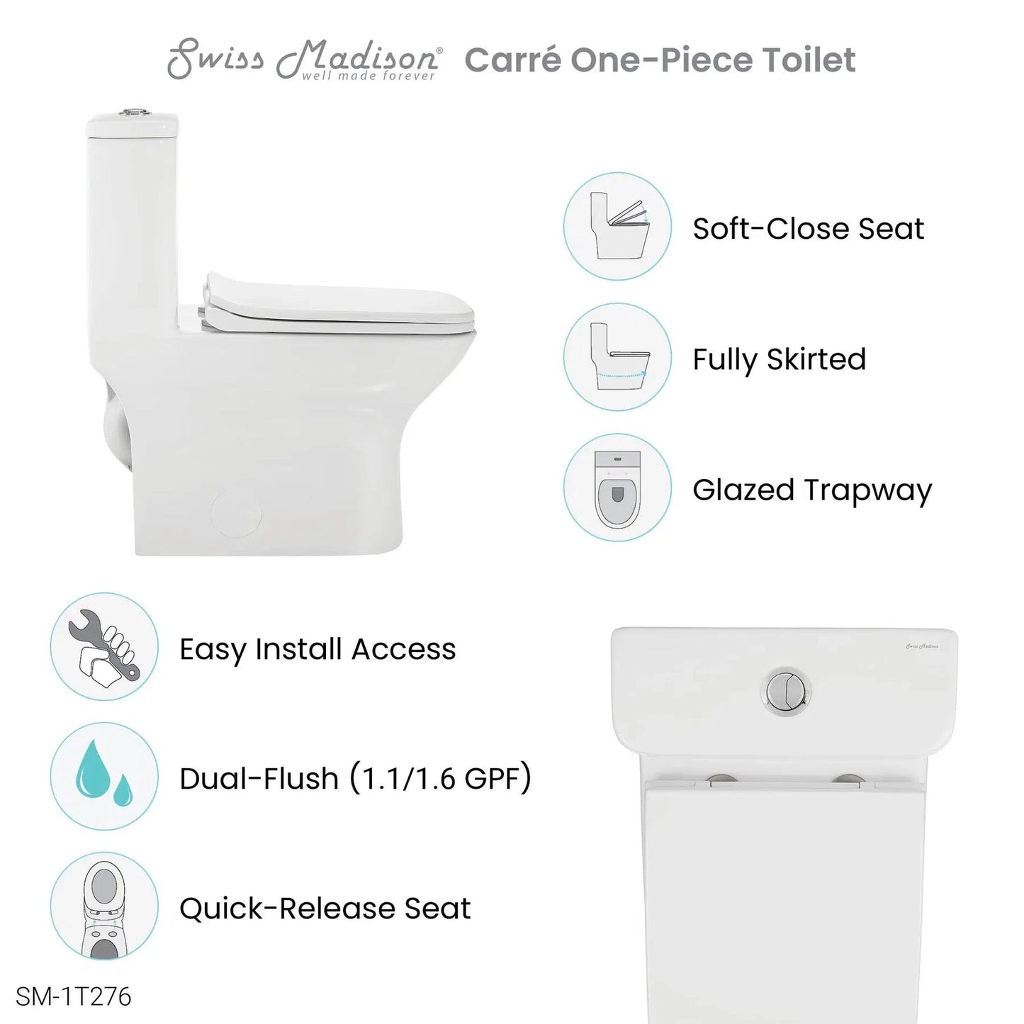 Swiss Madison Carre 15" x 30" One-Piece Glossy White Elongated Square Floor-Mounted Toilet With 1.1/1.6 GPF