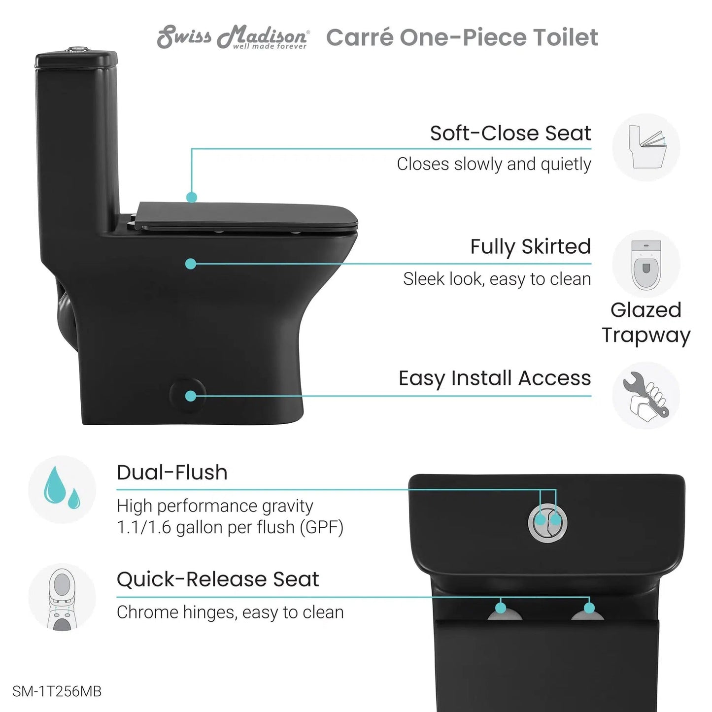 Swiss Madison Carré 15" x 30" One-Piece Matte Black Elongated Square Floor-Mounted Toilet With 1.1/1.6 GPF