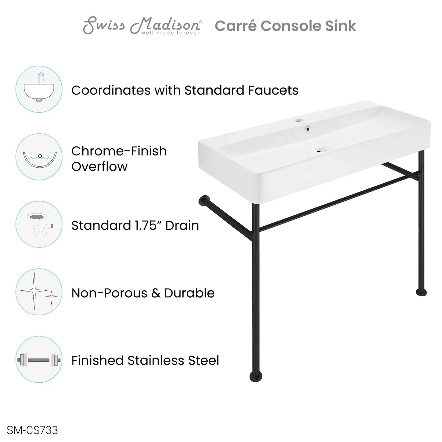 Swiss Madison Carre 35" x 35" Wall-Mounted Console Sink With White Basin and Black Legs