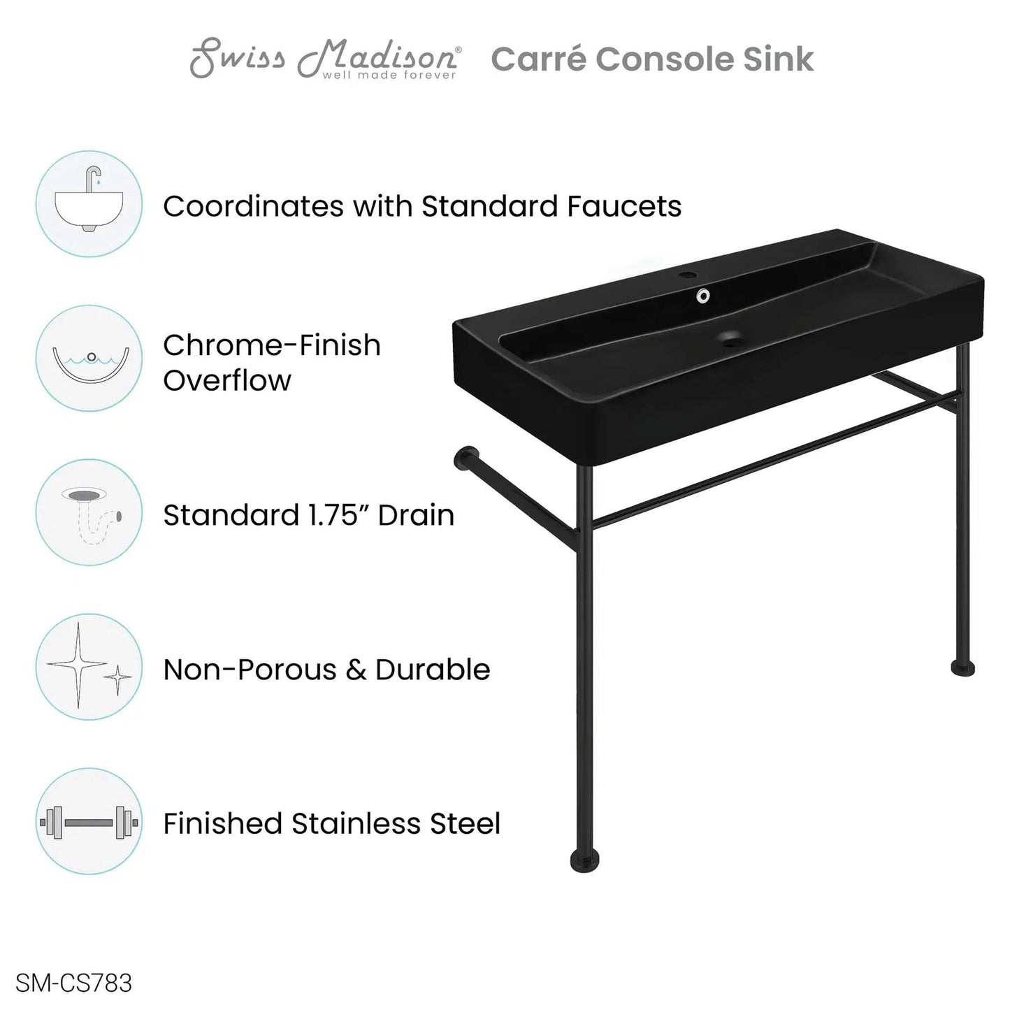 Swiss Madison Carre 36" x 35" Wall-Mounted Console Sink With Matte Black Basin and Black Legs
