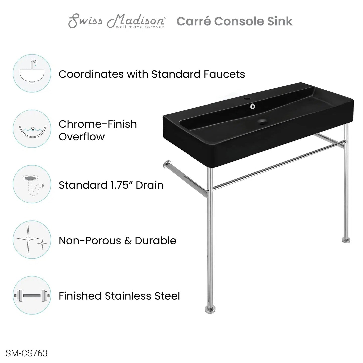 Swiss Madison Carre 36" x 35" Wall-Mounted Console Sink With Matte Black Basin and Chrome Legs