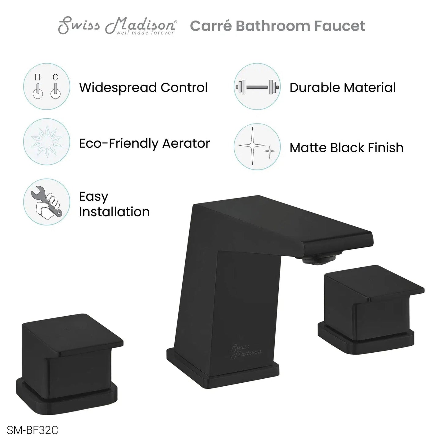 Swiss Madison Carré 8" Matte Black Widespread Bathroom Faucet With Knob Handles and 1.2 GPM Flow Rate