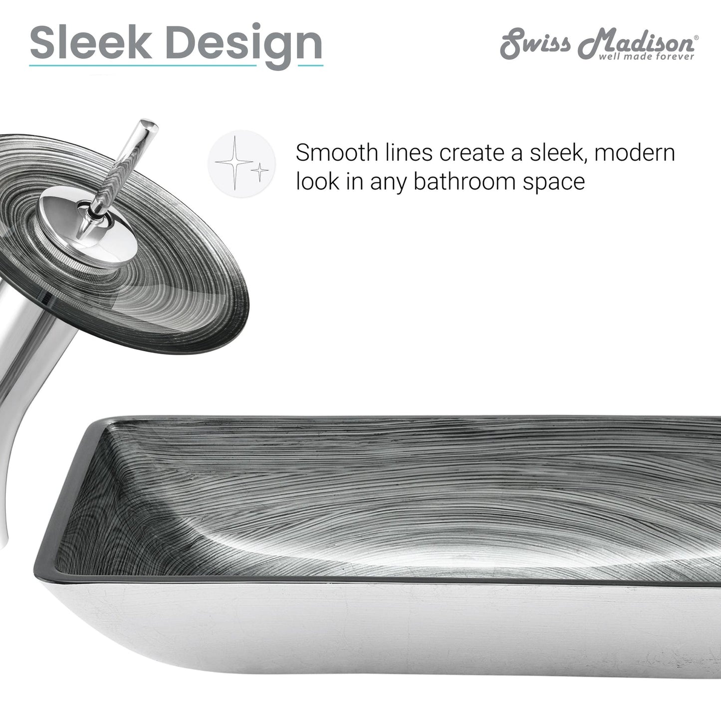Swiss Madison Cascade 22" x 14" Smoky Gray Rectangular Tempered Glass Vessel Bathroom Sink With Waterfall Faucet