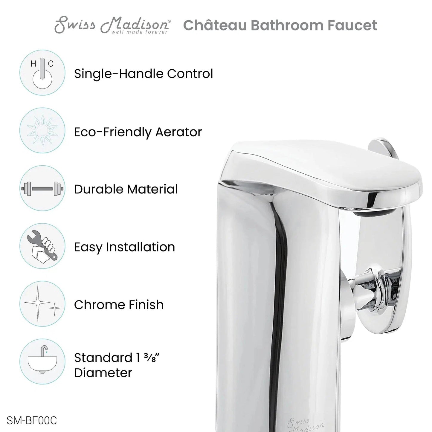 Swiss Madison Château 7" Chrome Single Hole Bathroom Faucet With Flow Rate of 1.2 GPM