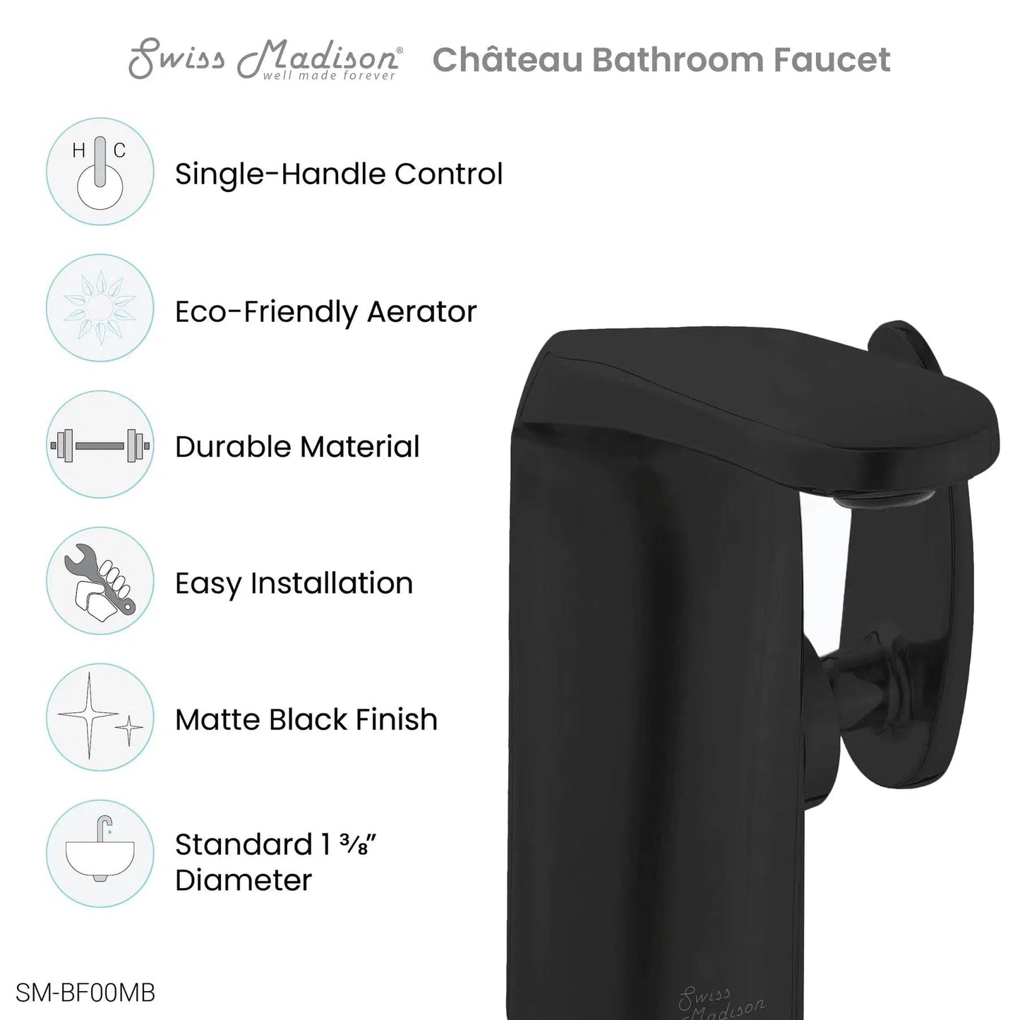 Swiss Madison Château 7" Matte Black Single Hole Bathroom Faucet With Flow Rate of 1.2 GPM