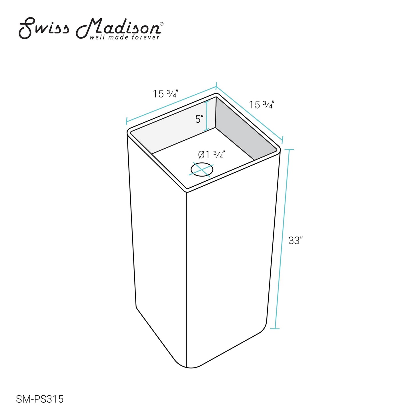 Swiss Madison Claire 16" x 33" Freestanding One-Piece Squared White Pedestal Sink With Overflow