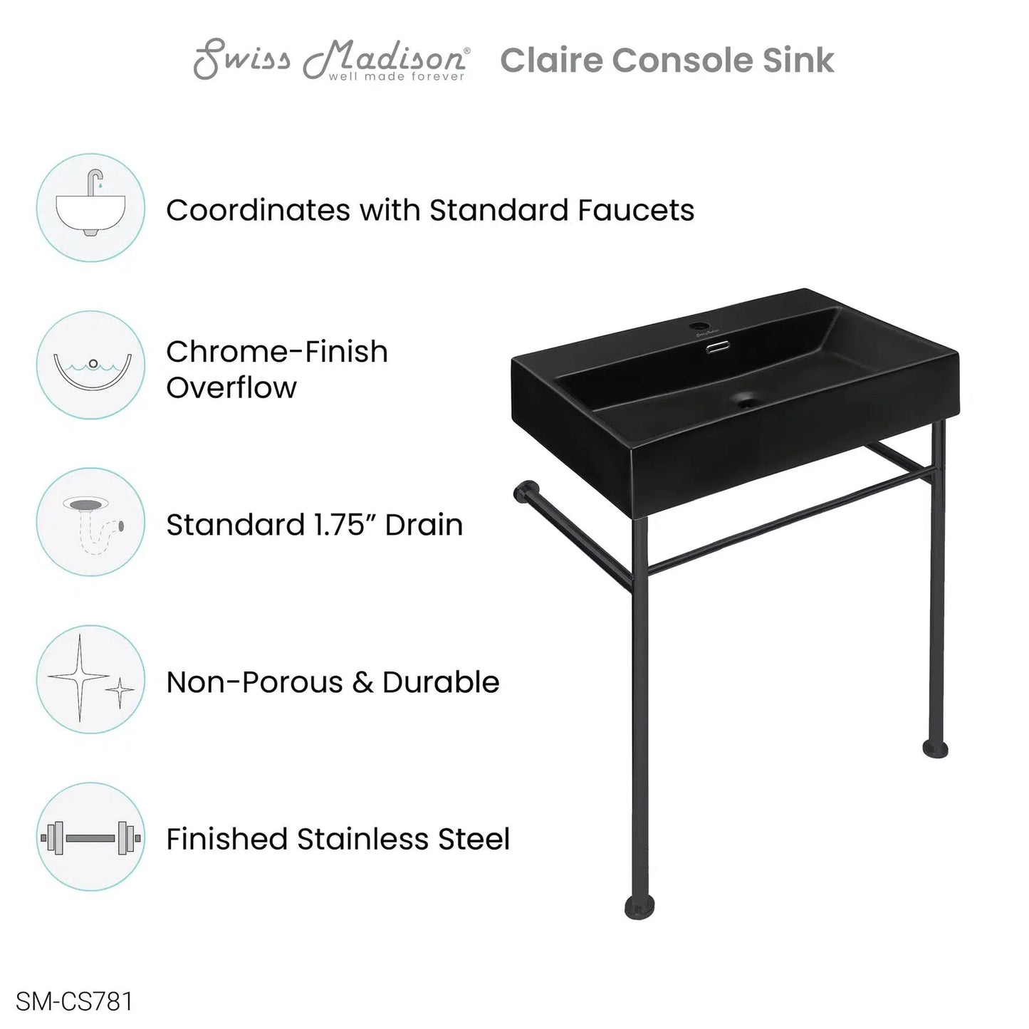 Swiss Madison Claire 24" x 35" Wall-Mounted Console Sink With Matte Black Basin and Black Legs