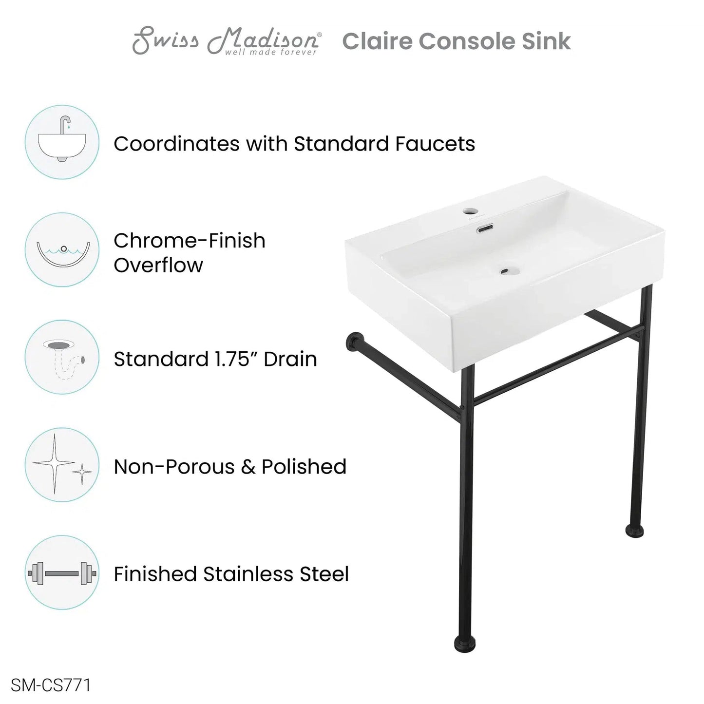 Swiss Madison Claire 24" x 35" Wall-Mounted Console Sink With White Basin and Black Legs