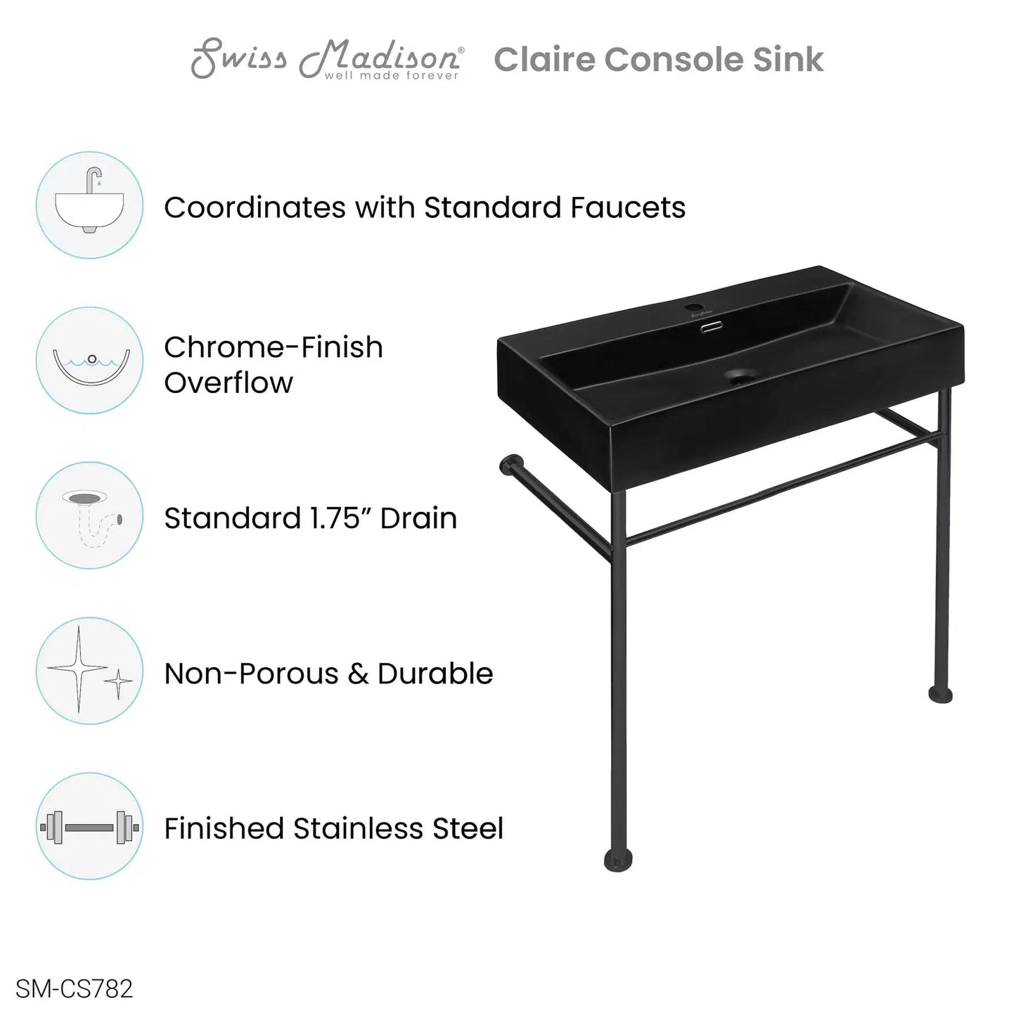 Swiss Madison Claire 30" x 35" Wall-Mounted Console Sink With Matte Black Basin and Black Legs