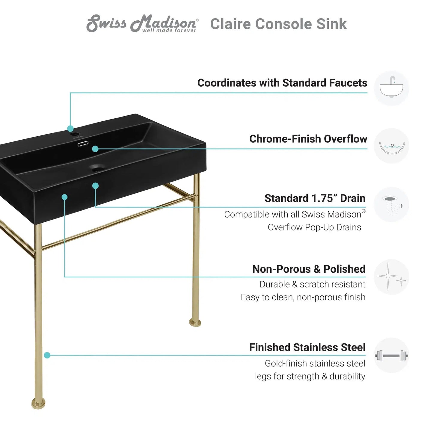Swiss Madison Claire 30" x 35" Wall-Mounted Console Sink With Matte Black Basin and Gold Legs