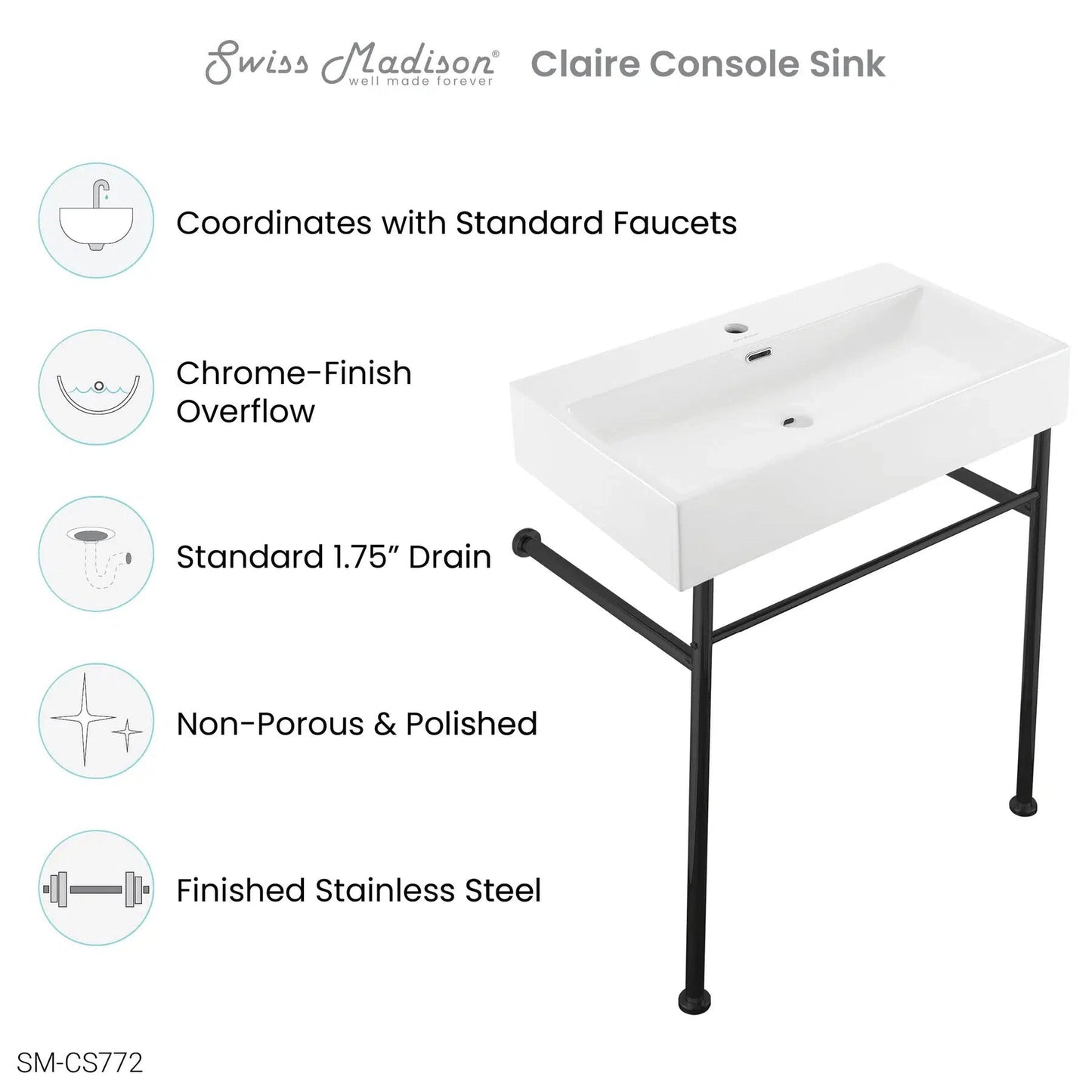 Swiss Madison Claire 30" x 35" Wall-Mounted Console Sink With White Basin and Black Legs