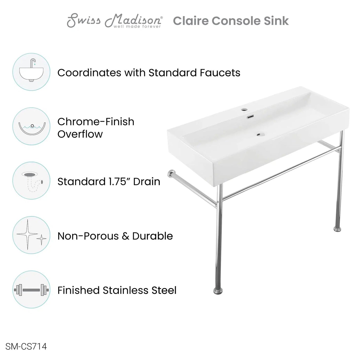 Swiss Madison Claire 40" x 35" Wall-Mounted Console Sink With White Basin and Chrome Legs