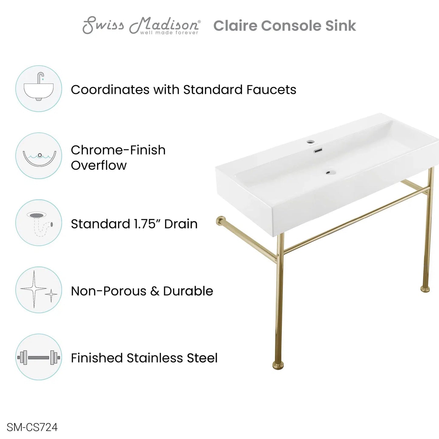 Swiss Madison Claire 40" x 35" Wall-Mounted Console Sink With White Basin and Gold Legs