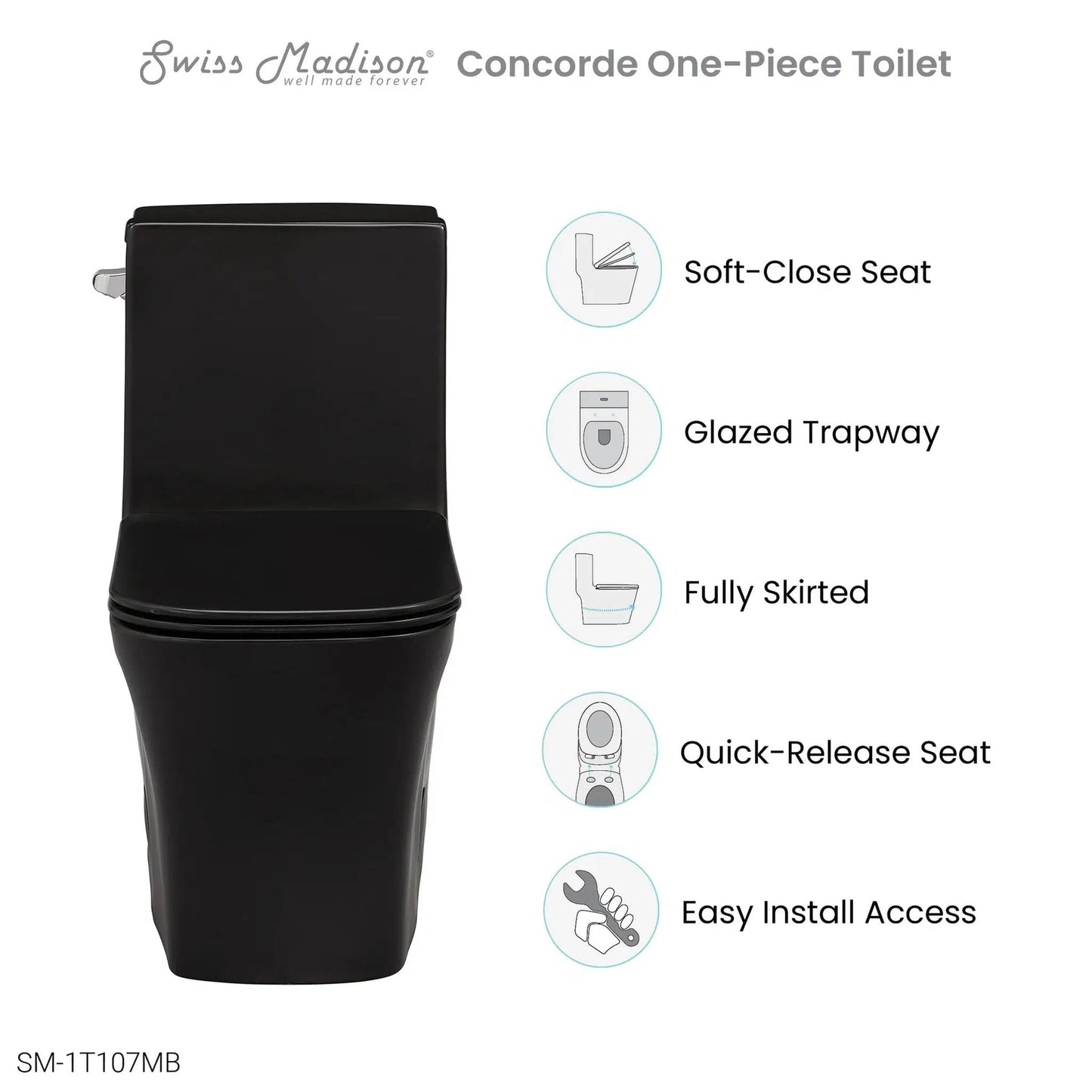 Swiss Madison Concorde 14" x 29" Matte Black One-Piece Elongated Square Floor Mounted Toilet With 1.28 GPF Side Flush Function