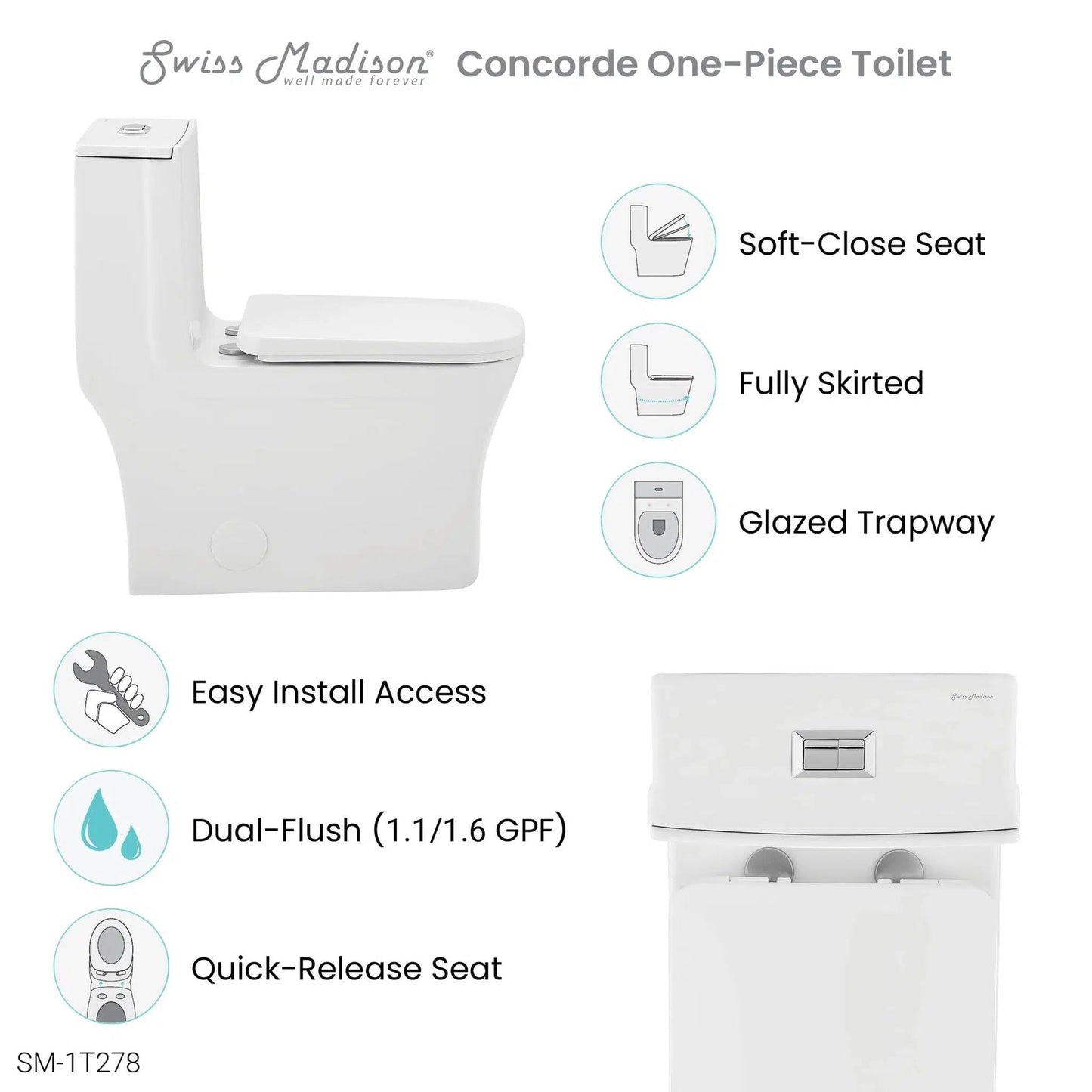 Swiss Madison Concorde 14" x 29" White One-Piece Square Elongated Floor Mounted Toilet With 10" Rough-In Size and 1.1/1.6 GPF Dual Flush Function