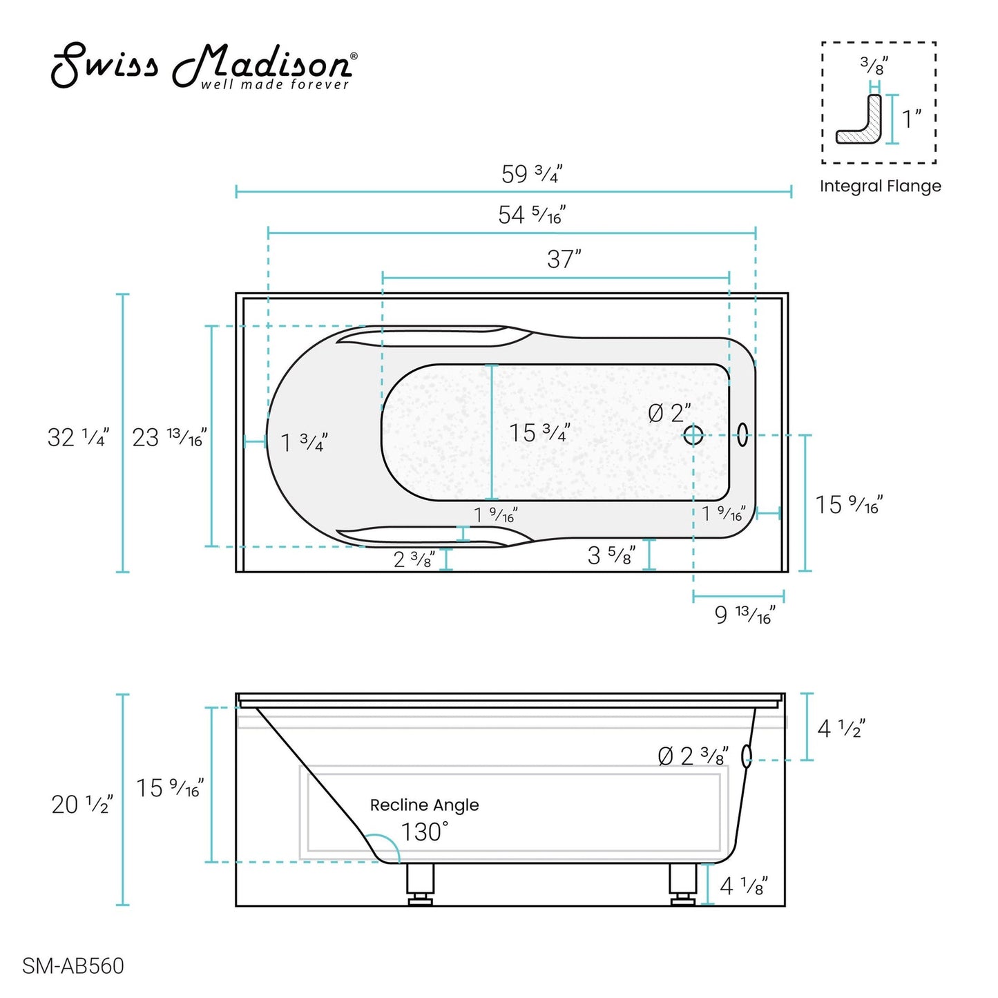 Swiss Madison Concorde 60" x 32" Glossy White Right-Hand Drain Alcove Bathtub With Integrated Armrest and Built-In Flange & Apron Front