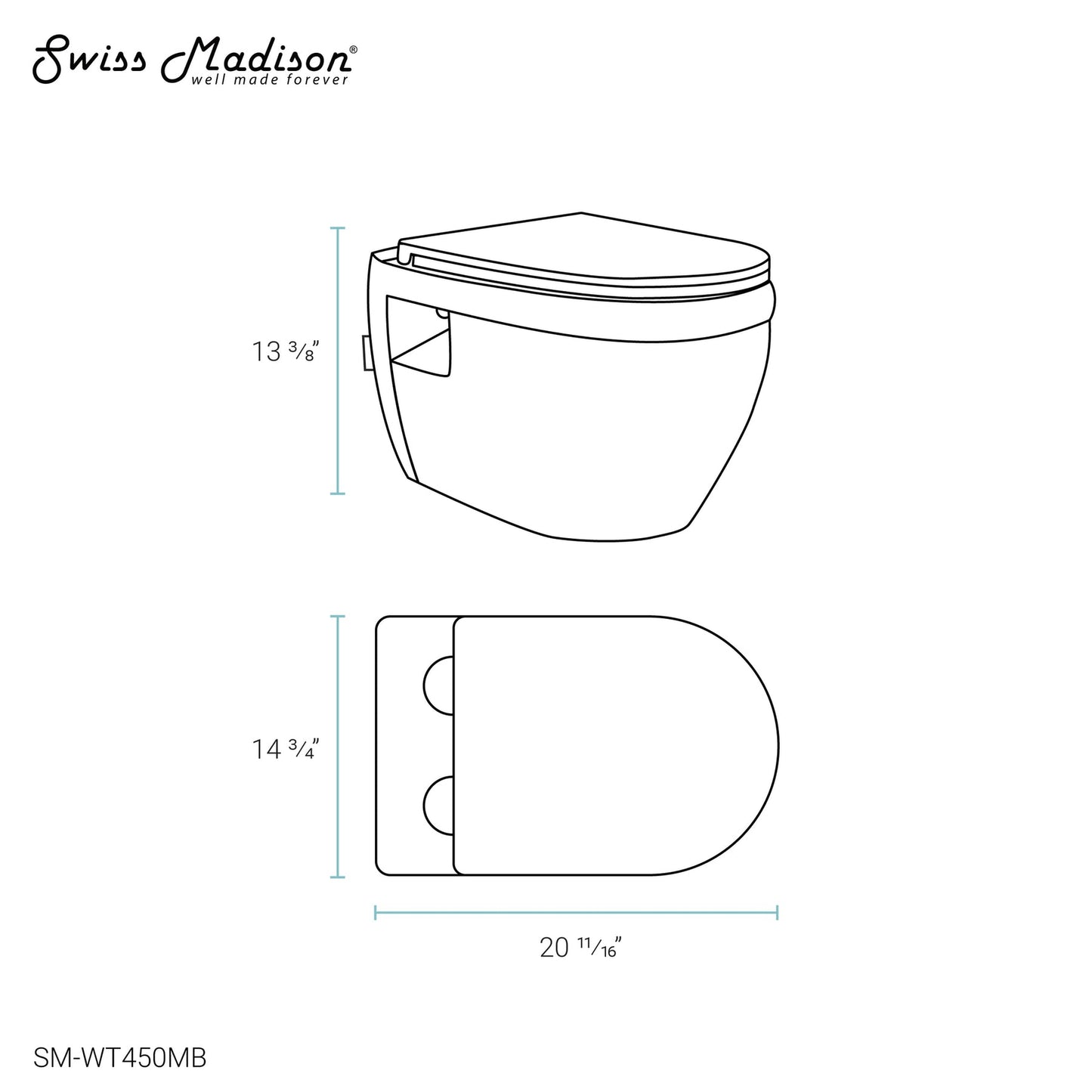 Swiss Madison Ivy 15" x 13" Matte Black Elongated Wall-Hung Toilet Bowl